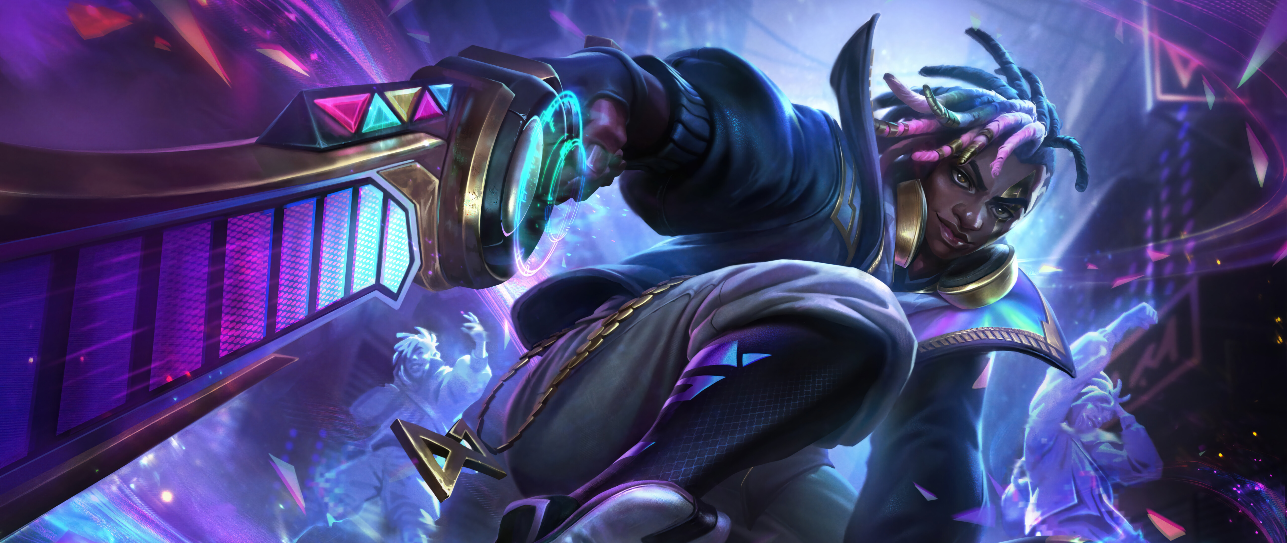 League of Legends oyunundaki Ekko karakterinin neon ışıklar ve fütüristik sokak modası öğeleriyle bezenmiş, yüksek çözünürlüklü dijital bir illüstrasyonu.