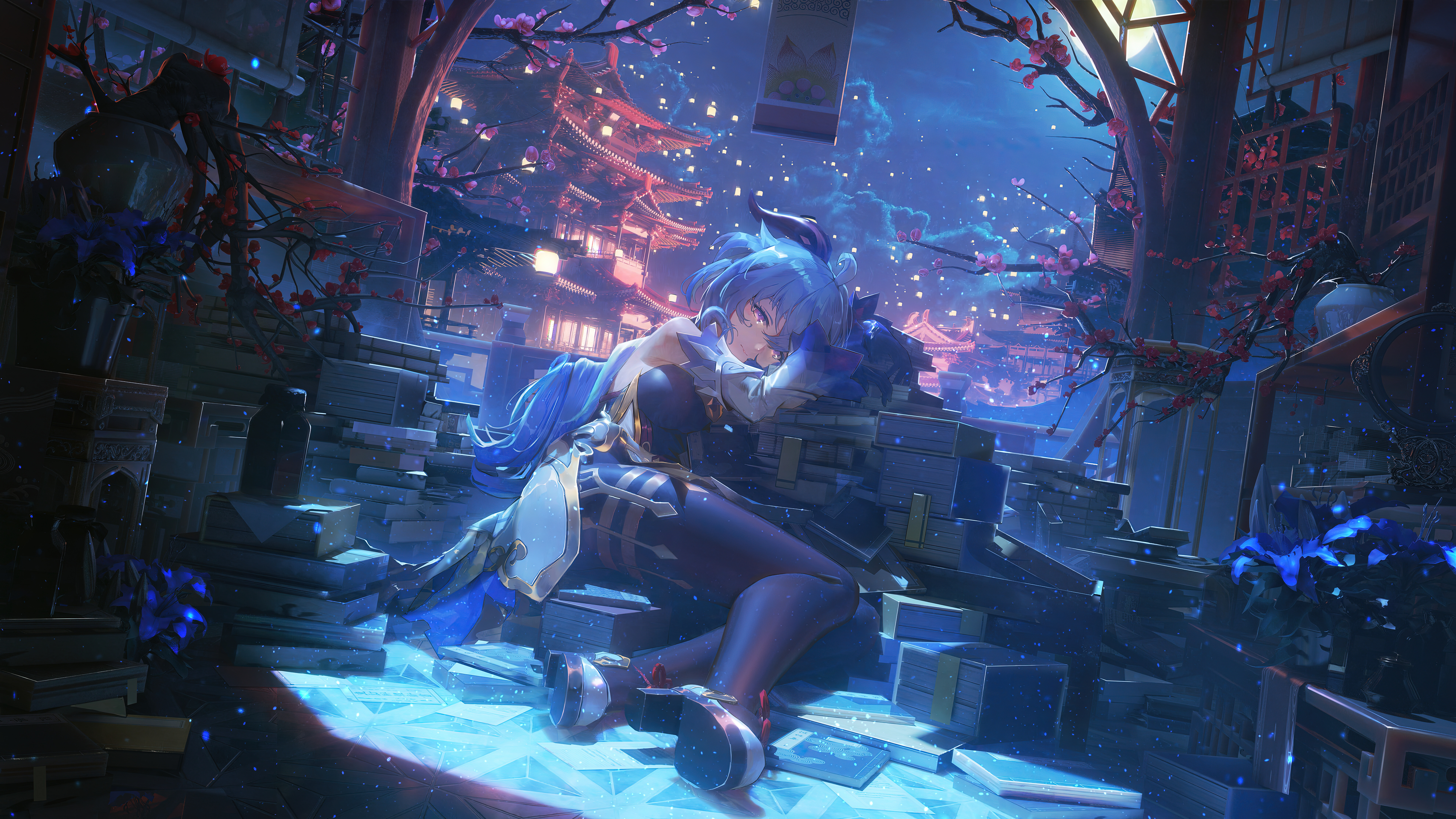 Genshin Impact oyunundaki Ganyu karakterinin son derece detaylı bir şekilde tasvir edildiği, özellikle onun belirgin boynuzları ve zarif karakter tasarımı ön plana çıkarılmış.