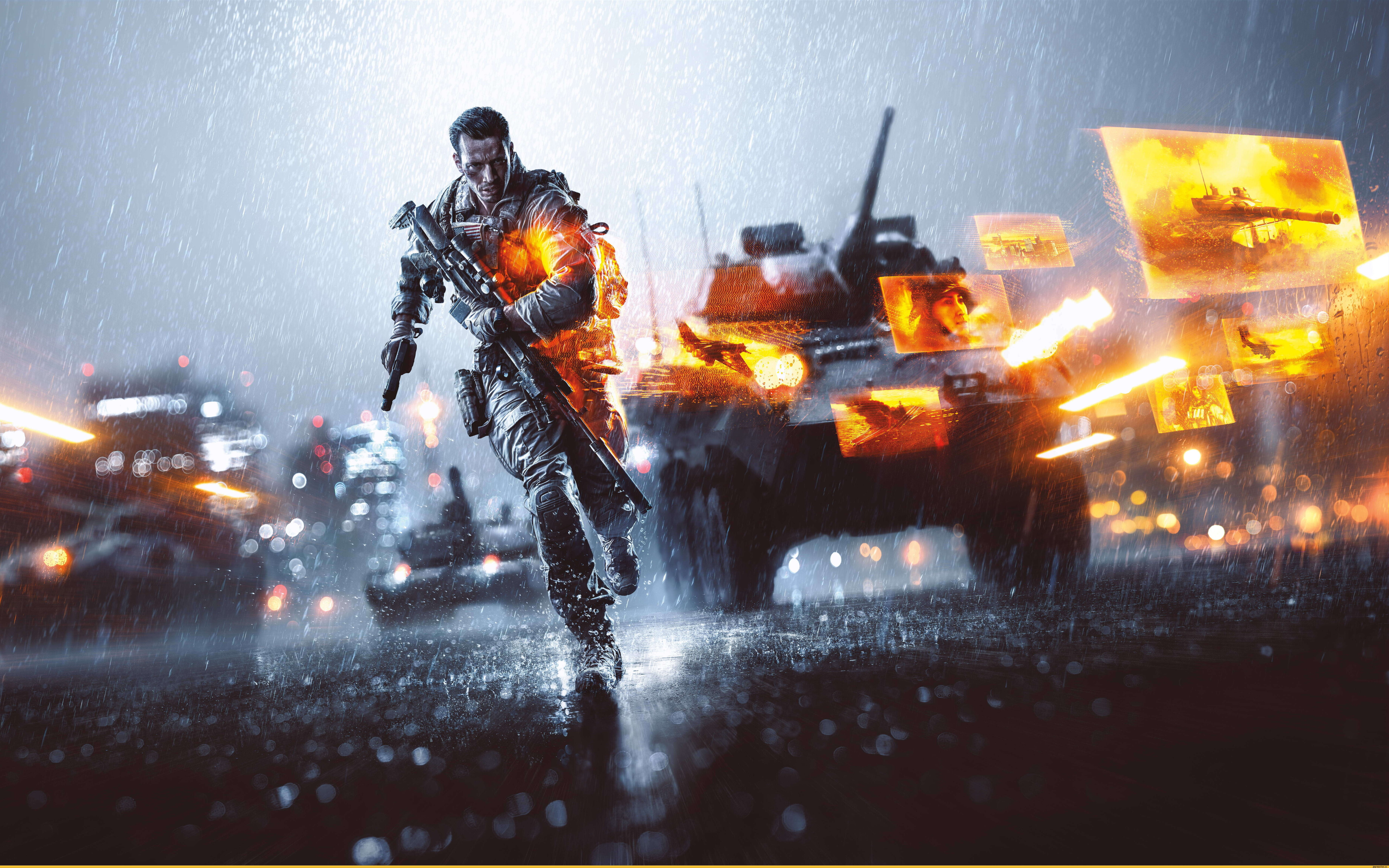 Yoğun bir çatışma operasyonu sırasında dumanlı ve enkazla dolu bir savaş alanında ilerleyen ağır bir askeri tank.