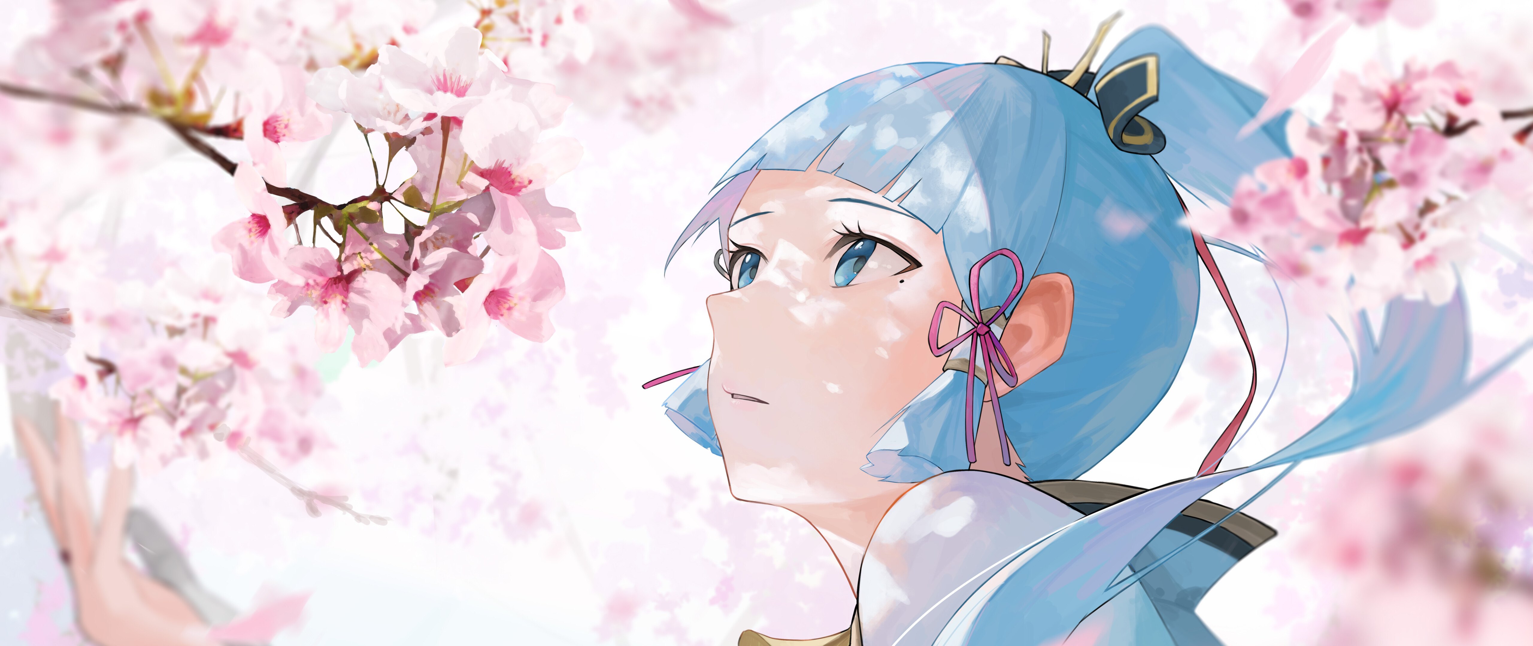 Genshin Impact oyunundaki Kamisato Ayaka karakterinin detaylı bir portresi.