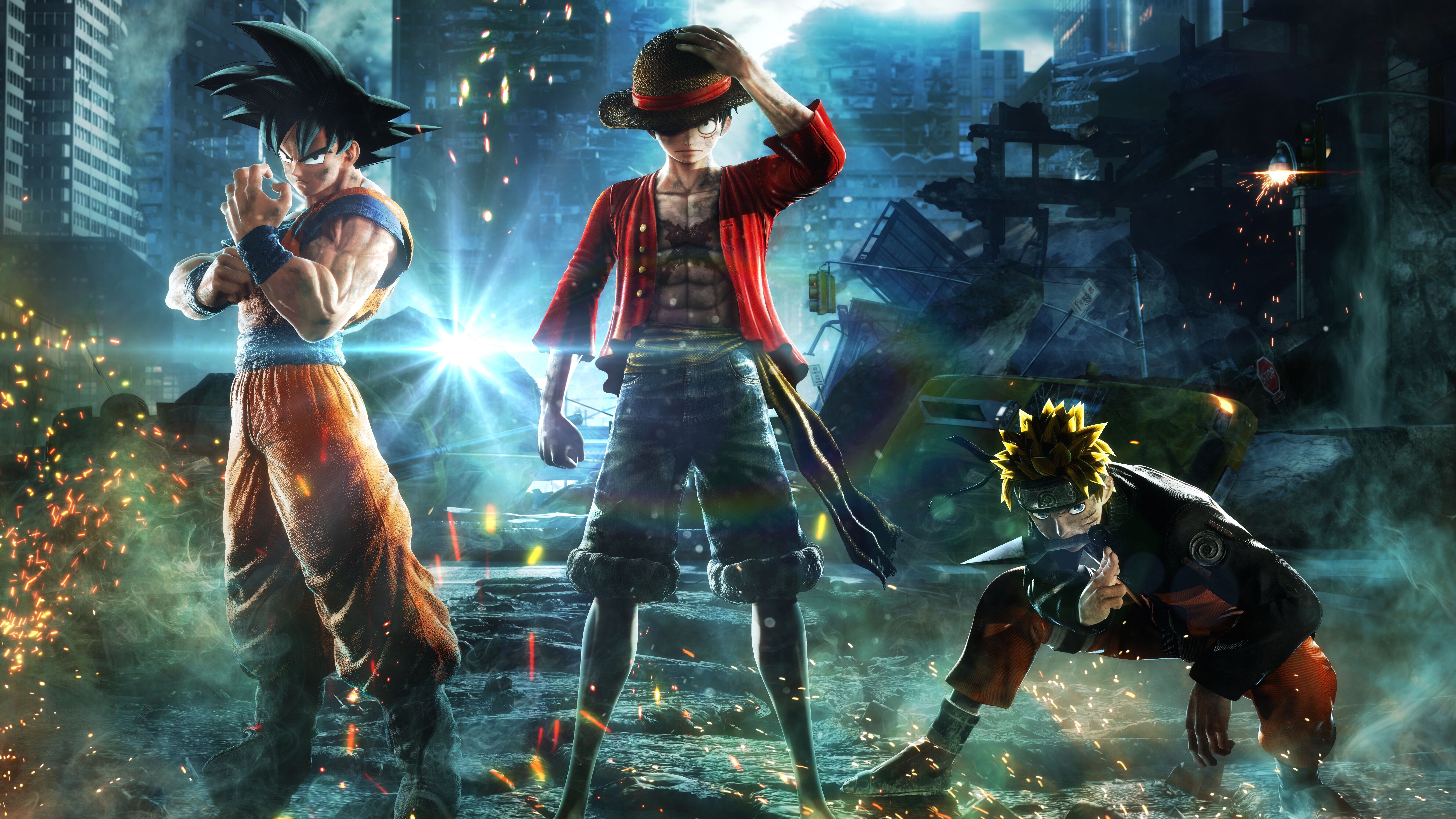 Naruto Uzumaki, Monkey D. Luffy ve Goku, Jump Force'tan esinlenerek hazırlanmış, etkileyici bir savaş sahnesinde birlikte poz veriyor.