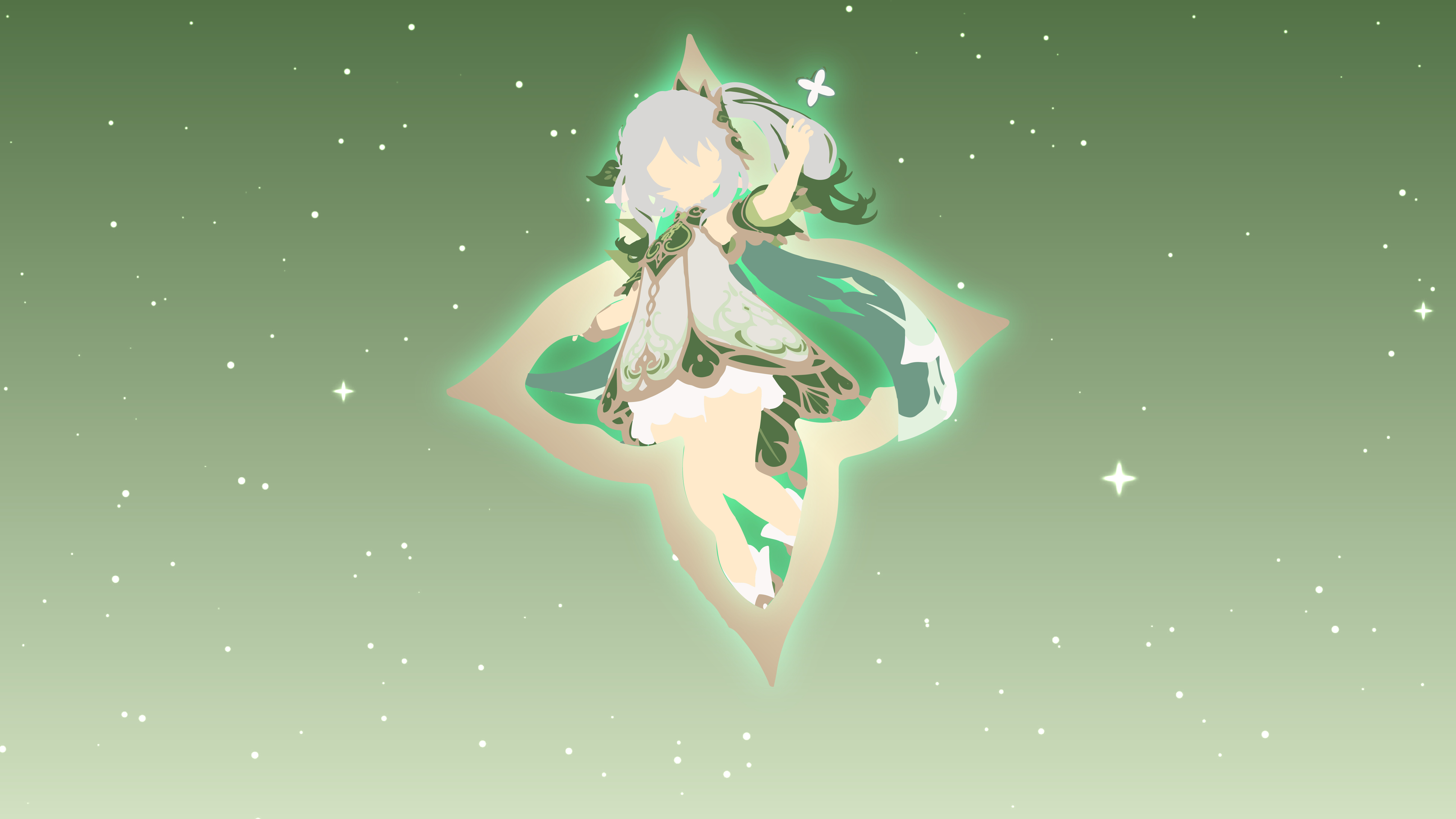 Genshin Impact oyunundaki Nahida'nın çarpıcı bir portresi; üzerinde imzası niteliğindeki yeşil ve beyaz kıyafetleri ve Dendro element teması bulunuyor.