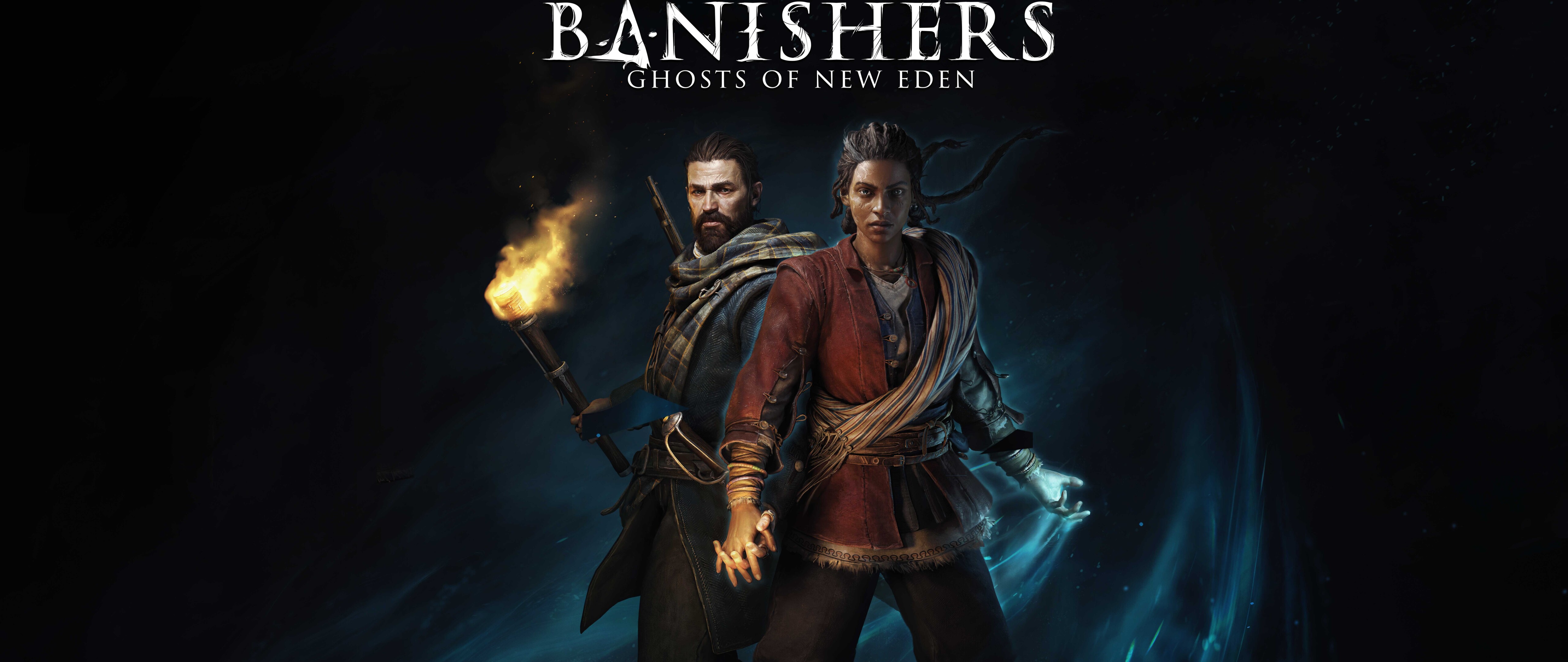 Banishers: Ghosts Of New Eden oyunundaki Red ve Antea karakterleri, sisli ve doğaüstü bir ortamda duruyor.