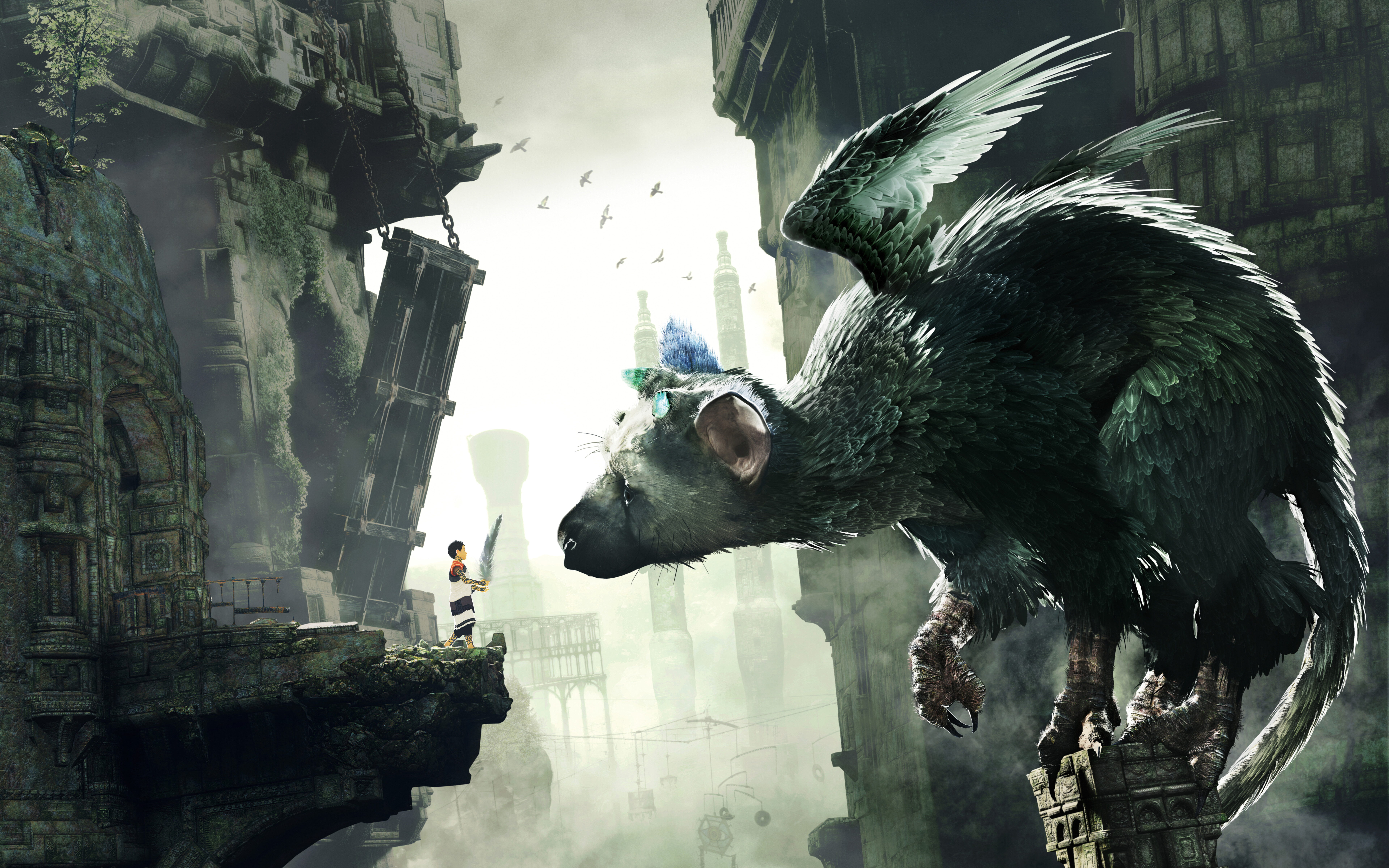 The Last Guardian oyunundaki ikonik yaratık olan Trico, antik taş mimarinin arasında duruyor.