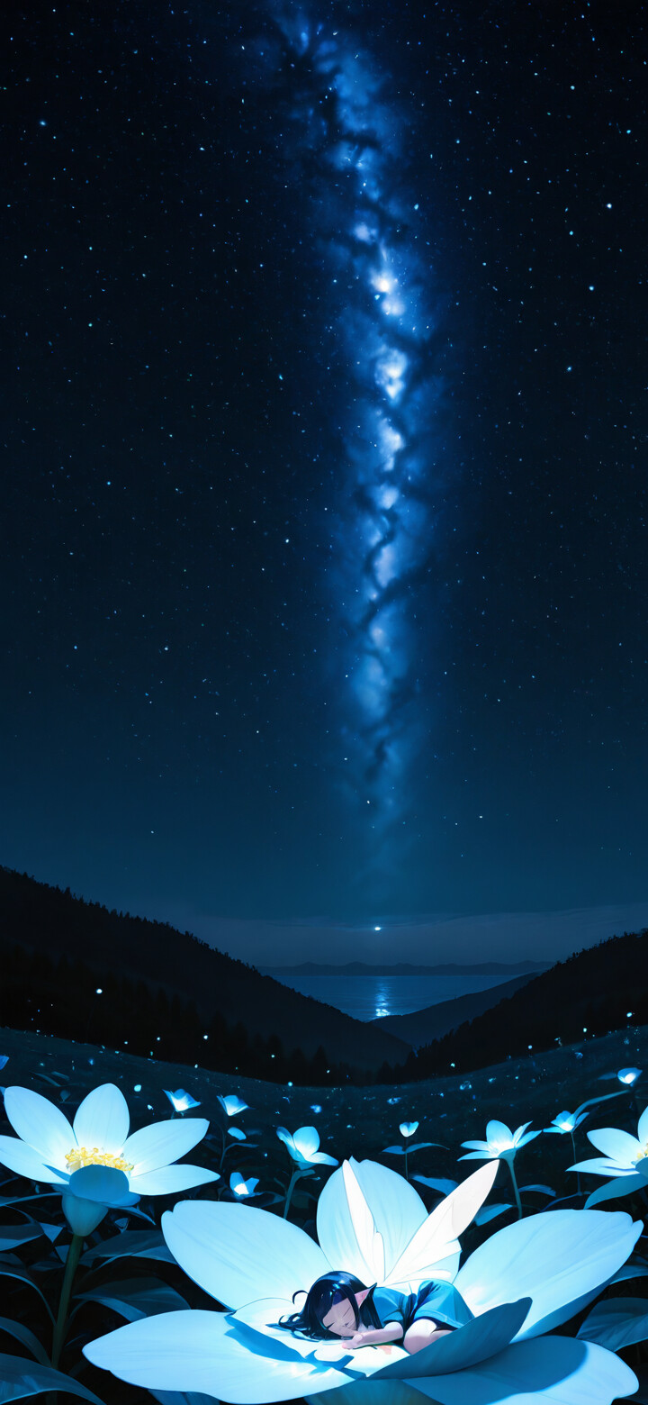 Koyu saçlı küçük bir kız, canlı ve yıldızlarla dolu bir gece gökyüzünün altında, devasa, parıldayan mavi bir çiçeğin ortasında huzur içinde uyuyor ve Samanyolu'nun bir şeridi ona doğru iniyor.