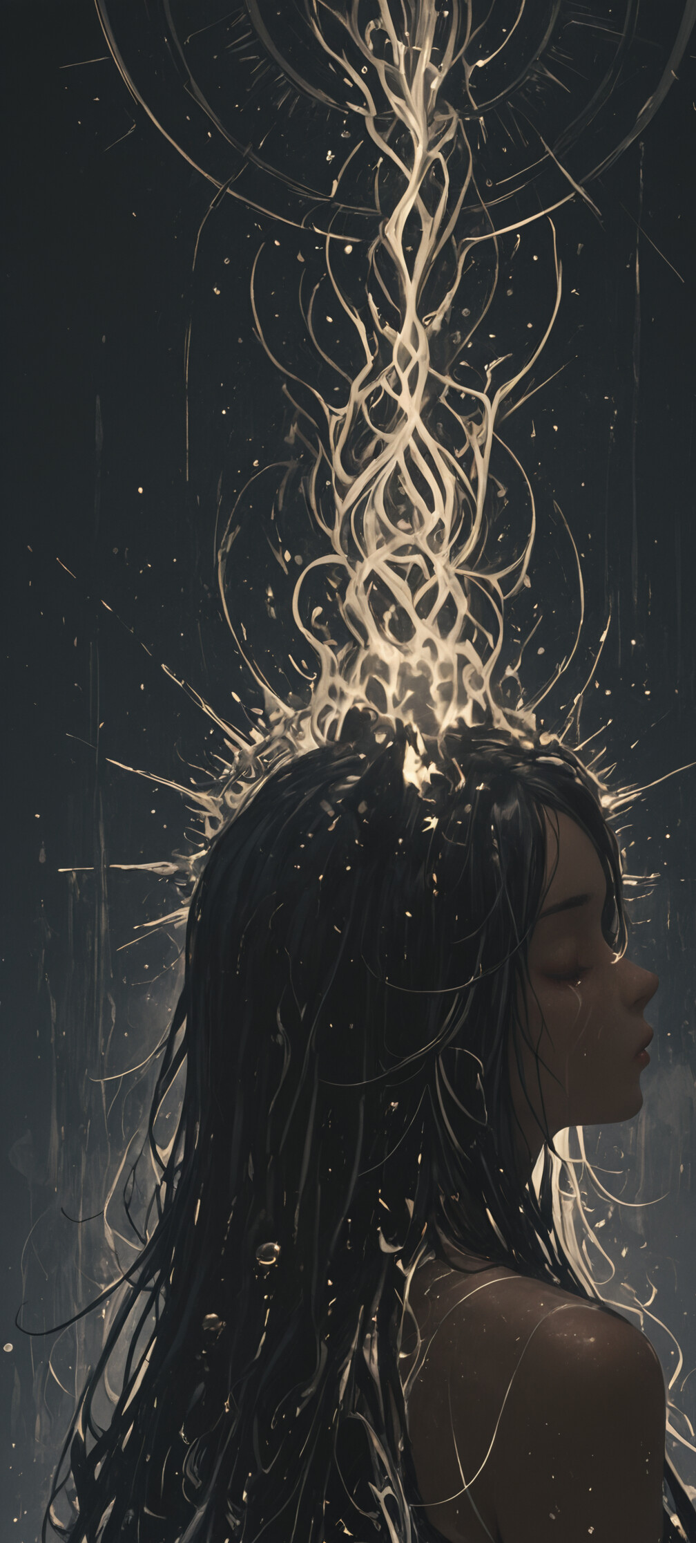 Uzun siyah saçları ve siyah kedi kulakları olan, huzurlu bir ifadeye sahip genç bir kadının dijital bir portresi. Kadın, karanlık ve kozmik bir arka plan üzerinde, yan profilden gösteriliyor. Gözleri kapalı ve arkasında büyük, parıldayan altın rengi göksel bir desen bulunuyor.