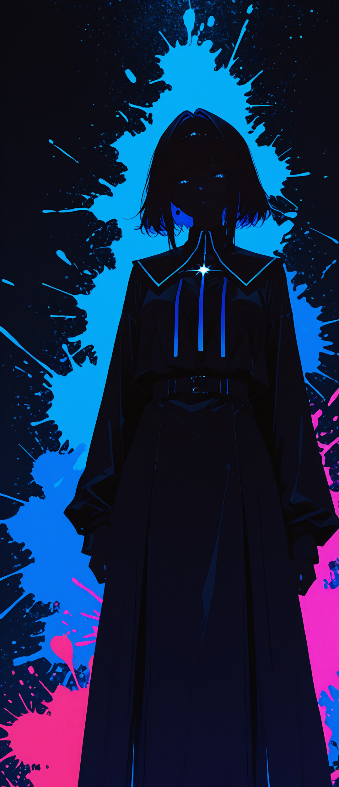 Uzun siyah saçlı ve parlak kırmızı gözlü bir kadının dijital sanatıyla hazırlanmış portresi; arka planda neon pembe ve mavi renklerde sıçramış boyalar bulunuyor.