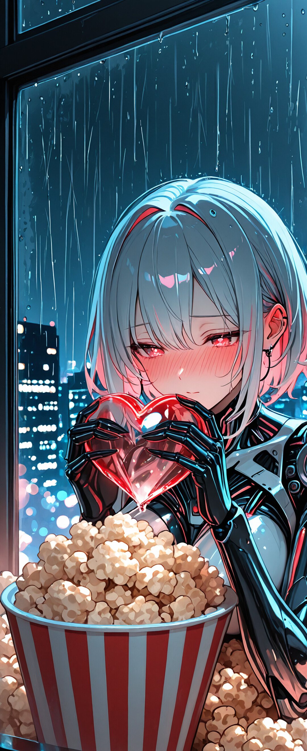 Kısa, açık mavi saçları ve mavi gözleri olan, anime tarzında bir siborg kız. Elinde büyük, kırmızı ve beyaz çizgili bir patlamış mısır kovası tutuyor ve utangaç bir şekilde kızarıyor. Patlamış mısırın üzerinde pembe, yarı saydam bir kalp duruyor. Geceleyin yağmurlu bir şehri gösteren bir pencerenin önünde duruyor.