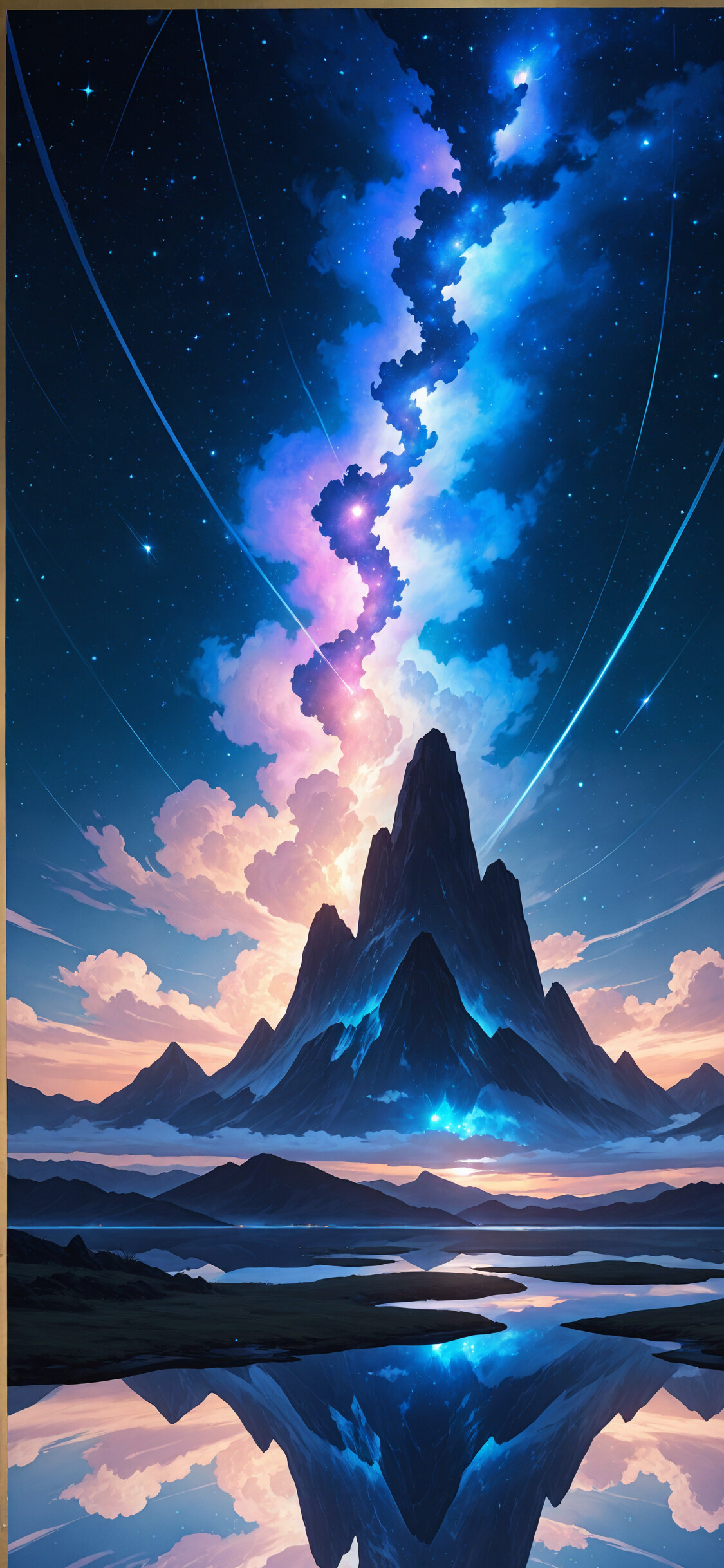 Renkli ve yıldızlarla dolu bir gökyüzü altında, bir nebula ile çevrili, büyük ve engebeli bir dağın önünde, pelerini giymiş yalnız bir figür duruyor ve tüm bu manzara, aşağıda sakin bir şekilde uzanan suda yansıyor.
