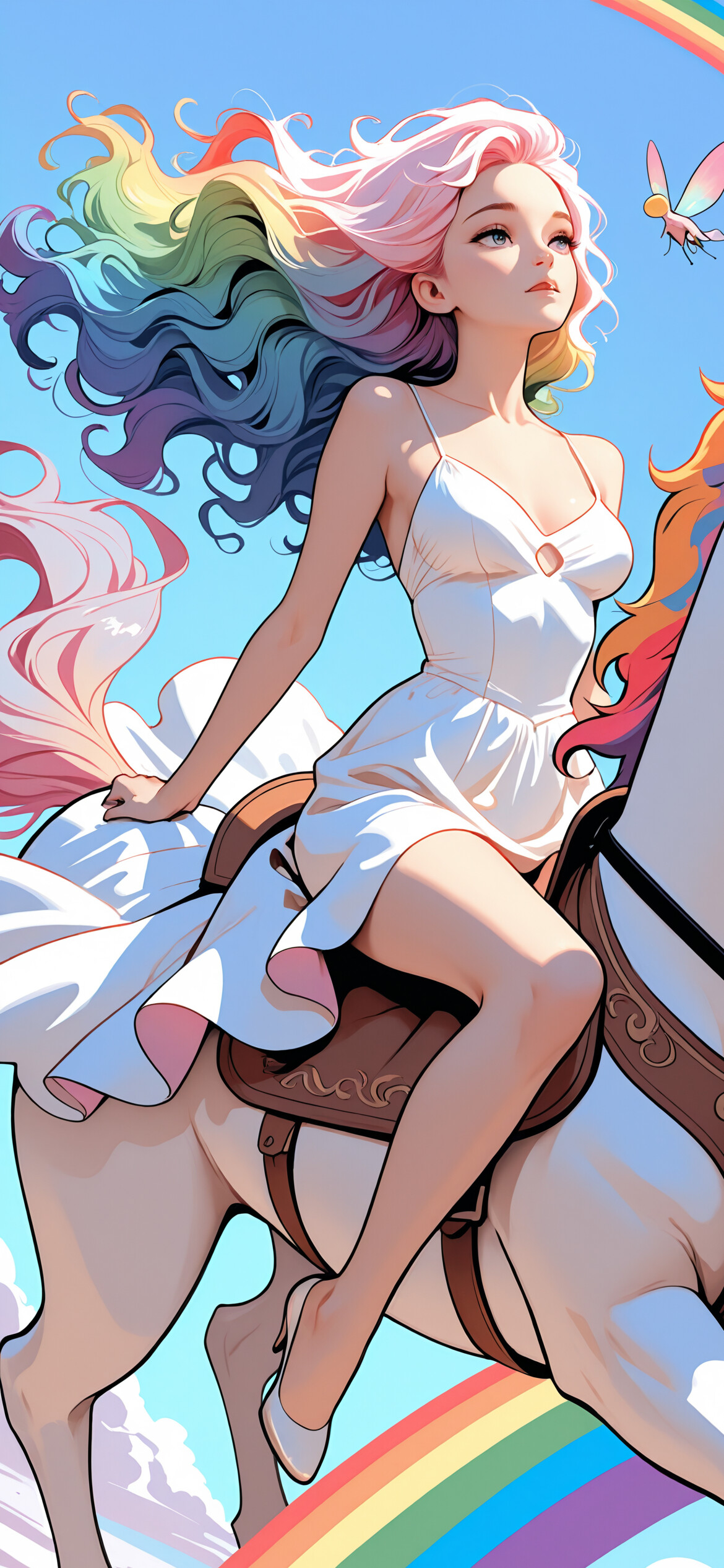 Gökkuşağı renklerinde saçları ve büyük, renkli kanatları olan genç bir kadın, gökkuşağı renginde yelesi olan beyaz bir Pegasus'un üzerinde bulutlu mavi gökyüzünde uçuyor. Onların altında bir gökkuşağı görülebiliyor.