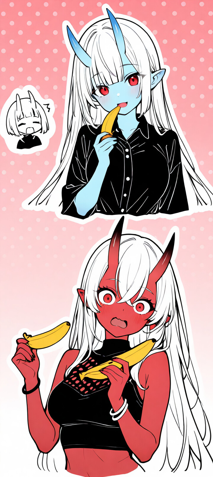 Uzun beyaz saçlı, kırmızı gözlü ve uçları kırmızı olan boynuzları olan, mavi tenli bir anime karakteri. Şaşkın ve kızarmış bir şekilde duruyor. Pembe benekli bir arka plan üzerinde siyah, yüksek yakalı, kısa bir üst giyiyor.