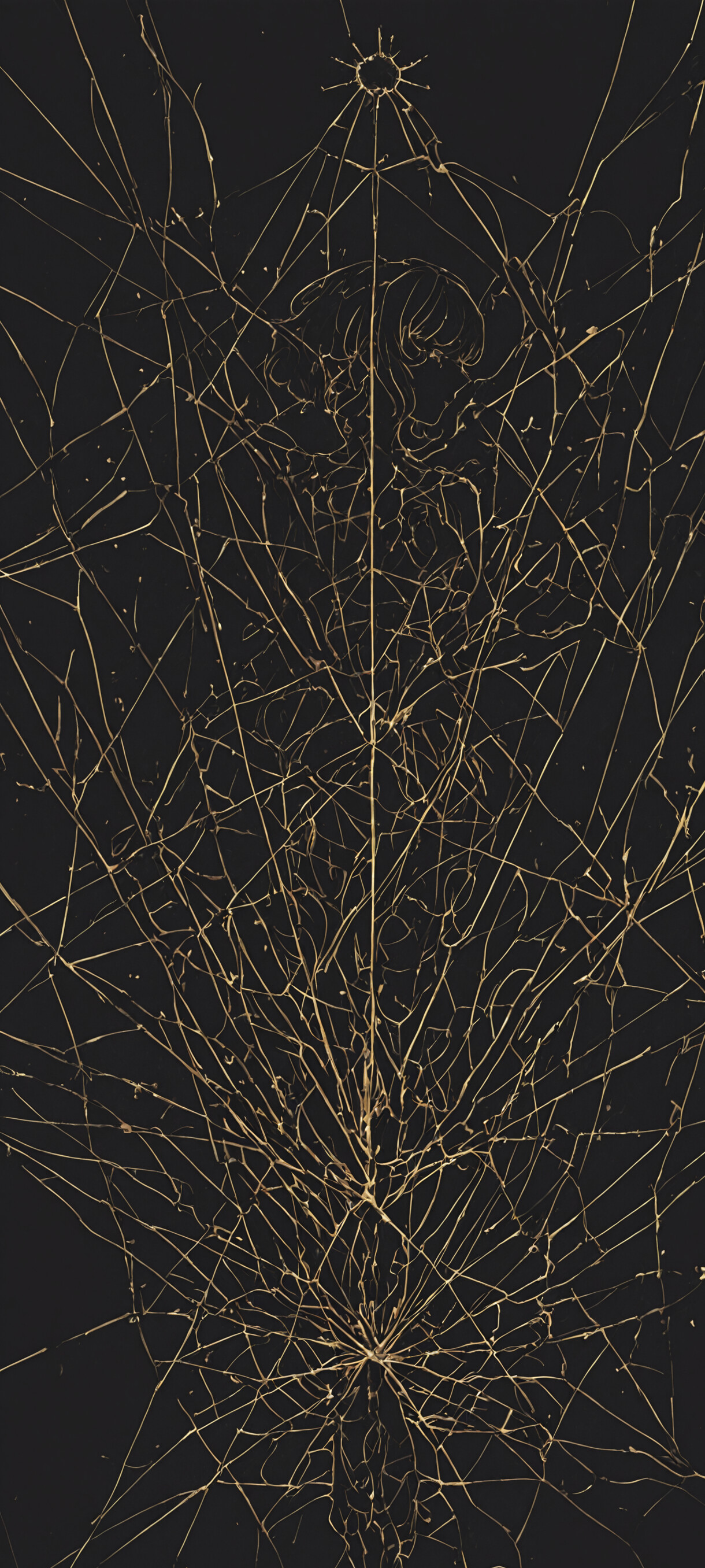 Neon Genesis Evangelion'dan Rei Ayanami'nin profilinden görünen modern, soyut bir sanat eseri. Resim, koyu renkli bir zemin üzerine parıldayan bakır renginde çizilmiş bir kontür çizimidir; başının kenarı, kaotik ve güzel bir spirale dönüşerek kaybolmaktadır.