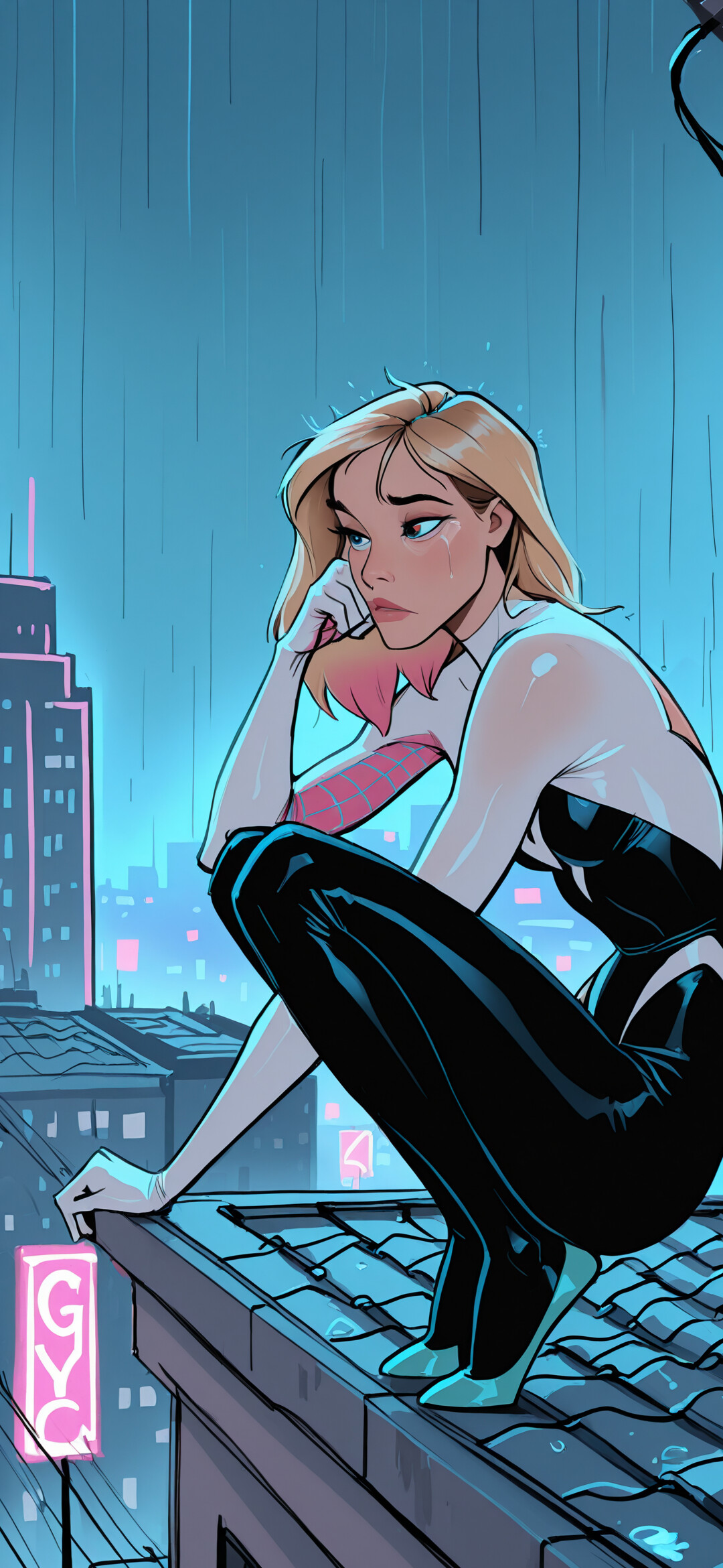 Gwen Stacy, ikonik siyah ve beyaz kostümü içinde Örümcek-Gwen olarak, yağmurlu bir gecede neon ışıklarla aydınlatılmış bir şehirde, ıslak bir çatı üzerinde düşünceli bir şekilde çömelmiş.