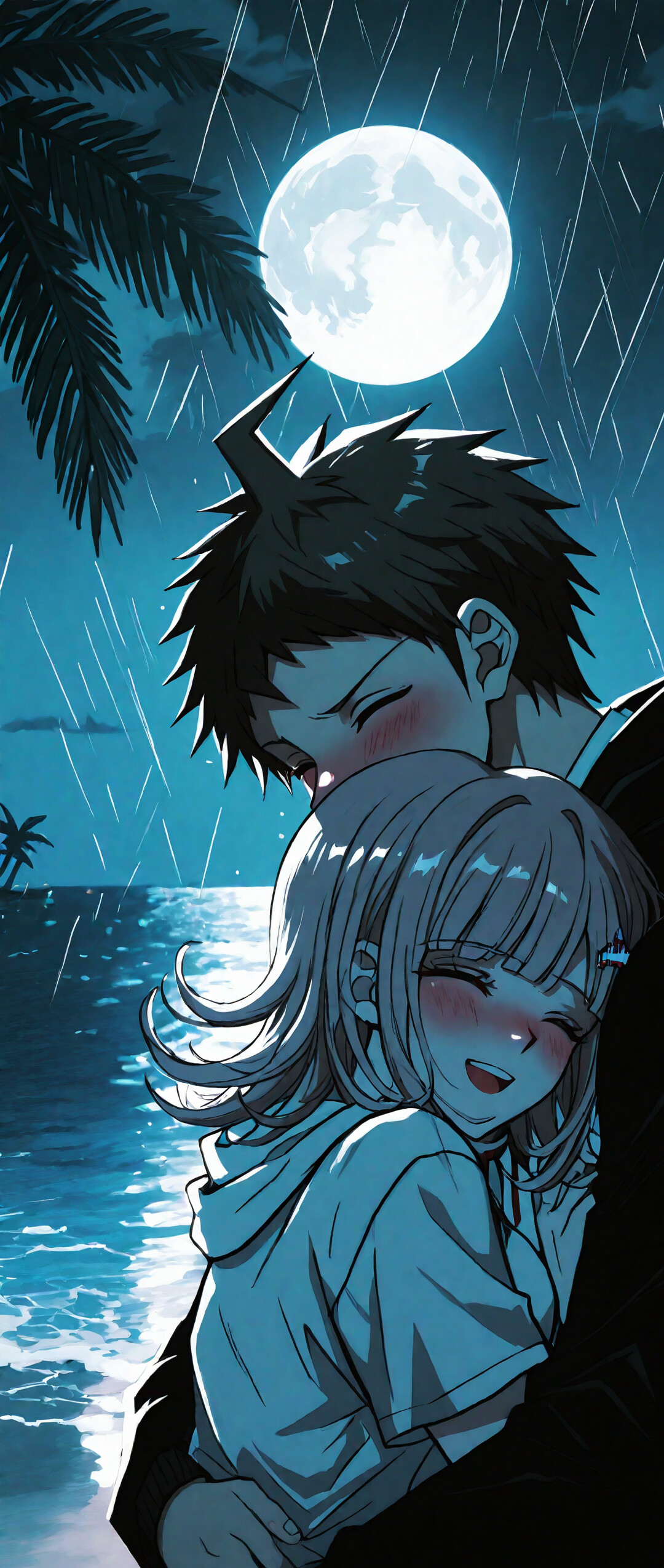 Danganronpa'dan Hajime Hinata ve Chiaki Nanami'nin yağmurlu bir gecede, ay ışığı altında ve palmiye ağaçlarının bulunduğu bir plajda, sevgiyle kucaklaştığı anime hayran çizimi.