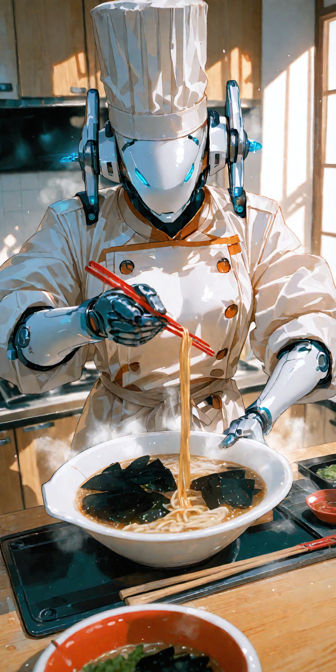 Beyaz, fütüristik bir robot, üzerinde yüksek bir şapka da dahil olmak üzere tam bir şef kıyafeti ve kırmızı çubuklarla, mutfakta dumanı tüten bir Japon ramen kasesinden erişte alıyor.