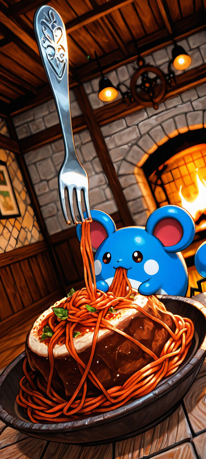 Yuvarlak, mavi renkli ve büyük kulaklara sahip Pokémon karakteri Marill, rustik bir odadaki ahşap bir masada oturmuş, ağzında bir çatalla büyük bir tabak dolusu spagetti yiyor ve bu durumdan keyif alıyor. Sıcak bir şömine ve şişelerle dolu bir raf, rahatlatıcı arka planda görülebiliyor.