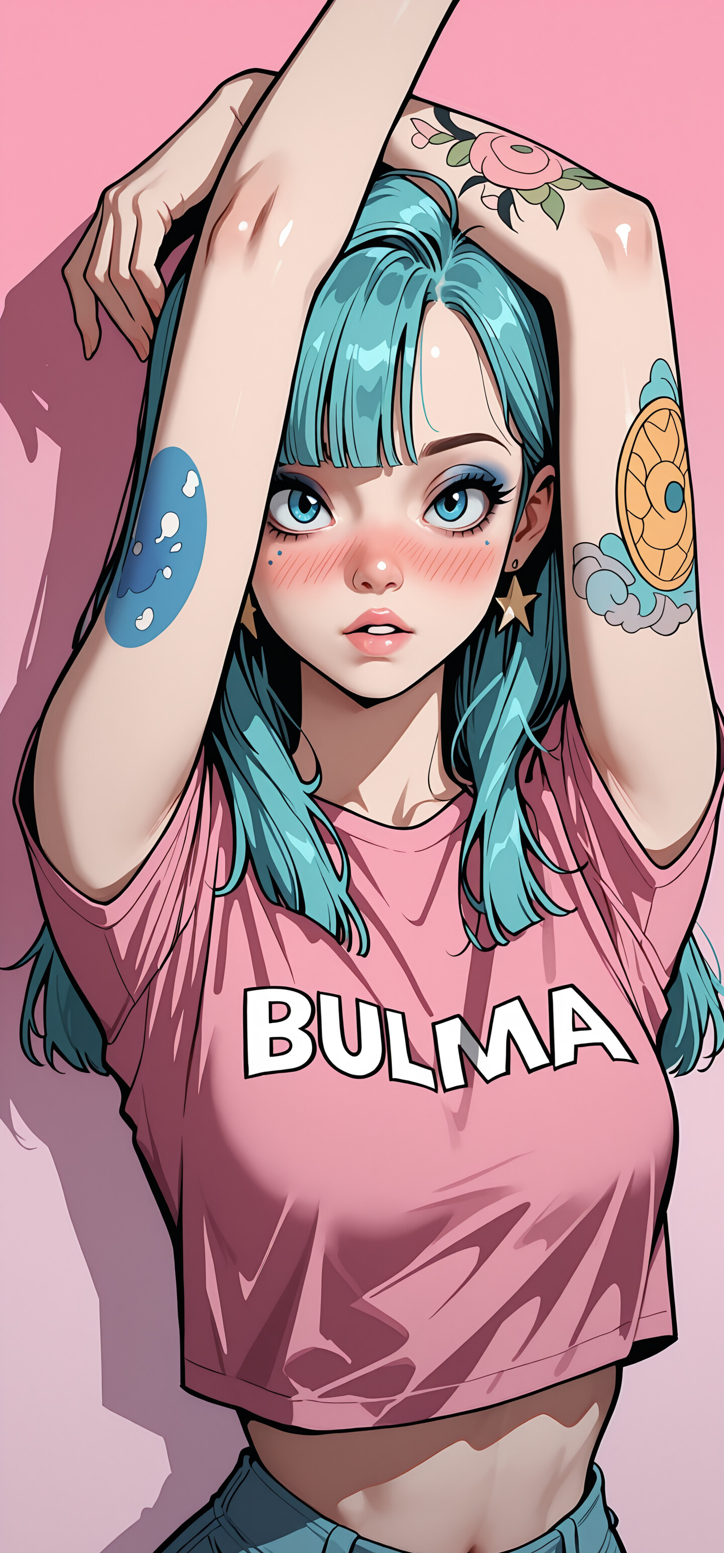 Dragon Ball'dan Bulma'nın anime tarzında çizilmiş bir illüstrasyonu. Mavi saçlı ve mavi gözlü. Üzerinde "BULMA" yazan pembe bir kısa üst, mavi kot pantolon ve yıldız şeklinde küpeler takıyor. Kolunda gül dövmeleri var ve pembe bir arka plan önünde ellerini başının arkasına koymuş poz veriyor.