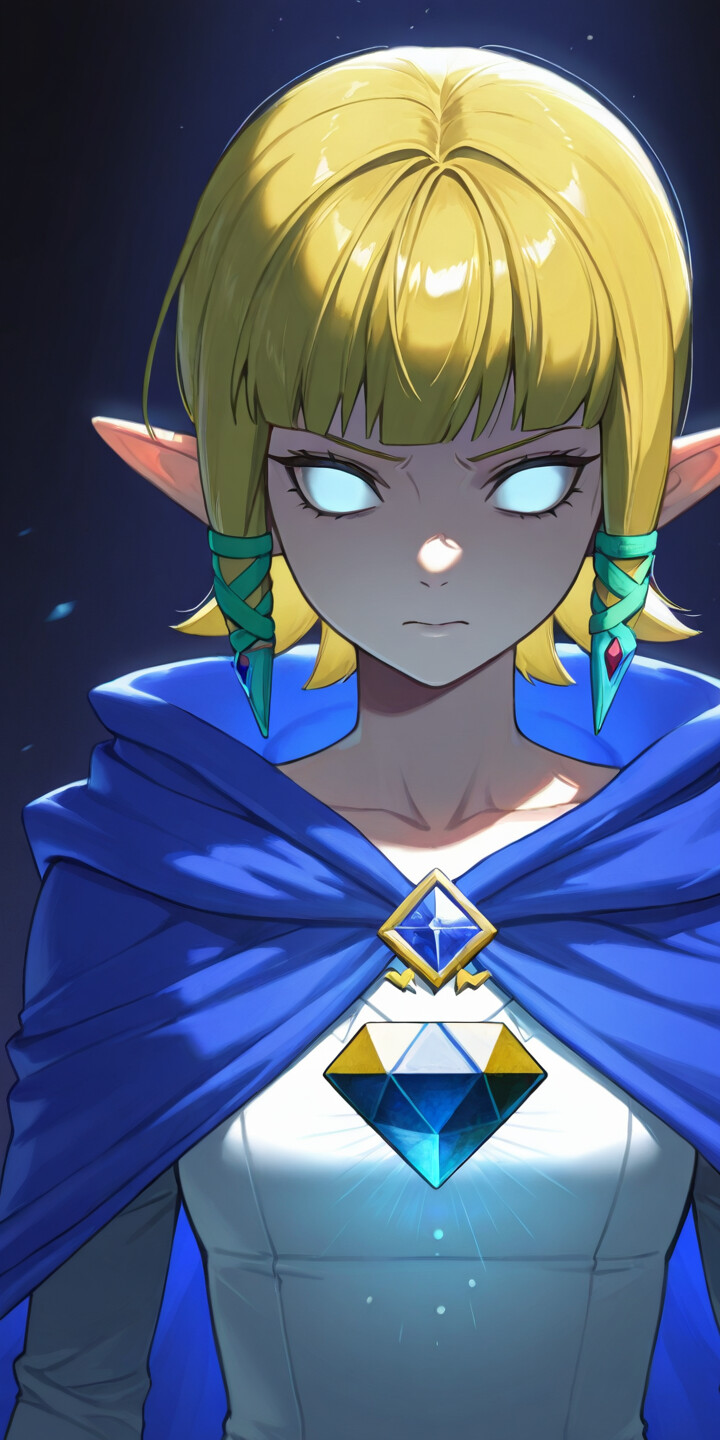 Parlak mavi gözleri olan, mavi renkli kapüşonlu bir pelerin giyen ve parıldayan mavi bir mücevher tutan Prenses Zelda'nın anime tarzında çizilmiş bir illüstrasyonu. Alnında Triforce sembolü bulunuyor.