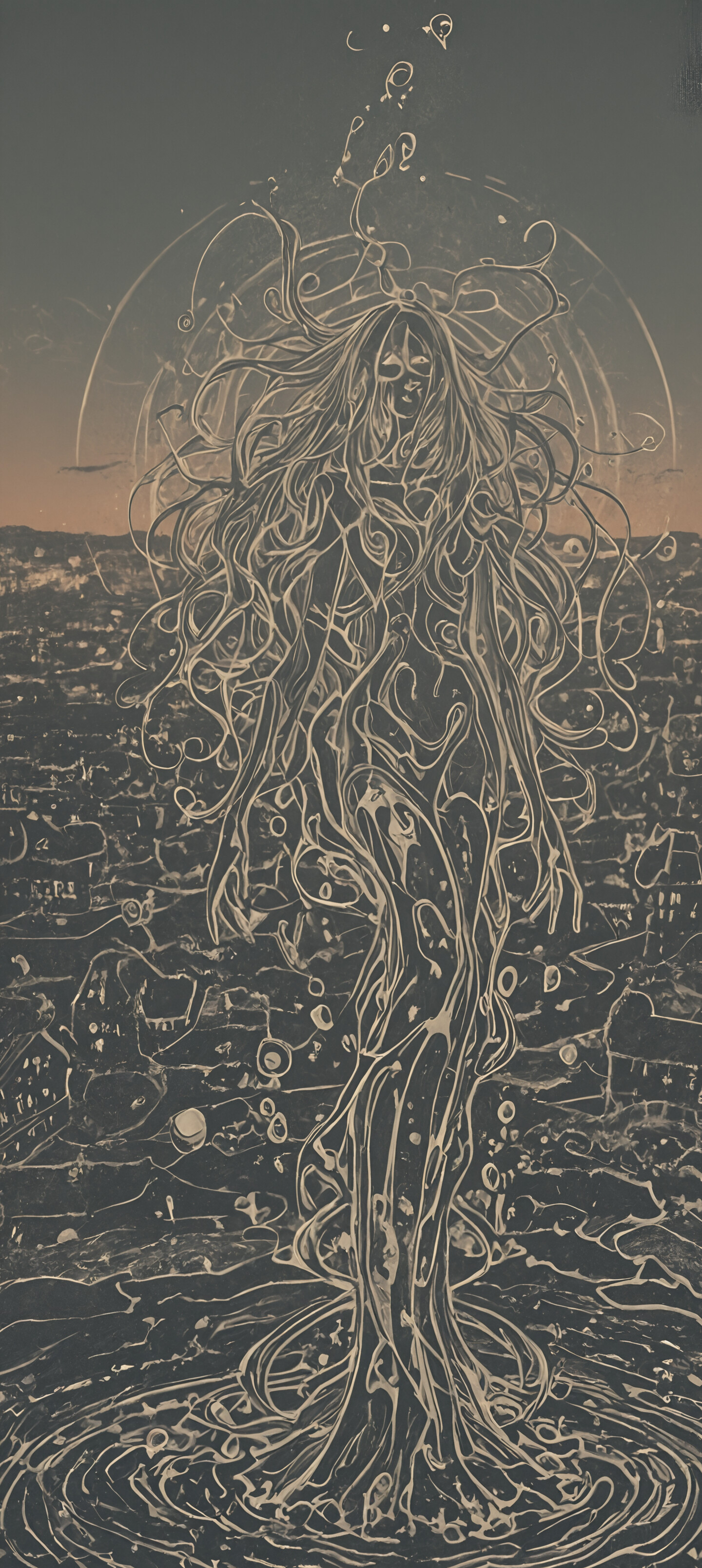 Koyu renk bir arka plana sahip, yoğun ve karmaşık bir şekilde kıvrılan altın renkli çizgiler ve noktalarla kaplı soyut bir tablo. Tablonun üst merkezinde, tek ve parlak bir ışık küresi, odak noktası görevi görüyor.