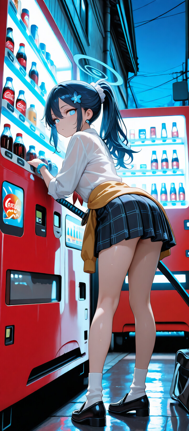 Açık mavi saçlı, etrafında bir hale ve parıldayan mavi gözleri olan, Blue Archive'den Arona olarak tanımlanan bir anime karakteri, karanlık bir şehir sokağında duruyor; yanında kırmızı bir otomatın olduğu yerde parıldayan mavi bir katana tutuyor.