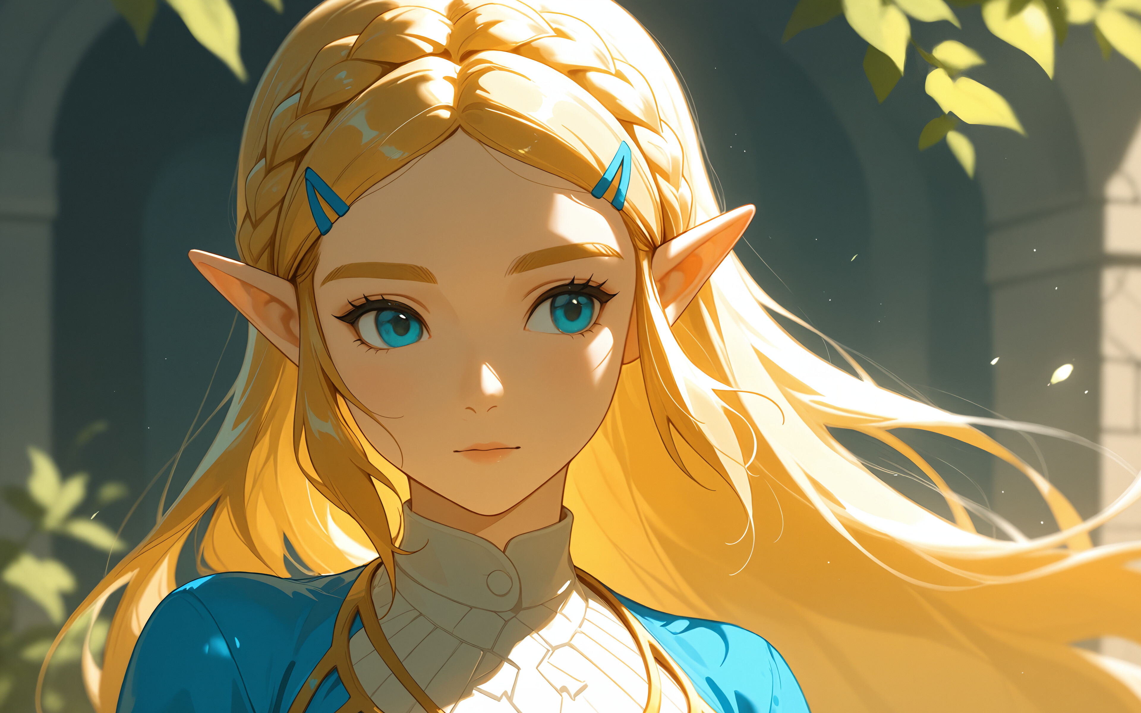 The Legend of Zelda oyunundaki Zelda Prenses'in anime tarzında çizilmiş bir illüstrasyonu. Uzun, sarı saçları, saçlarının önünden aşağıya doğru örülmüş bir taç örgüsü, mavi gözleri ve sivri kulakları var. Mavi ve altın renkli kıyafetleri içinde omuzunun üzerinden bakıyor.