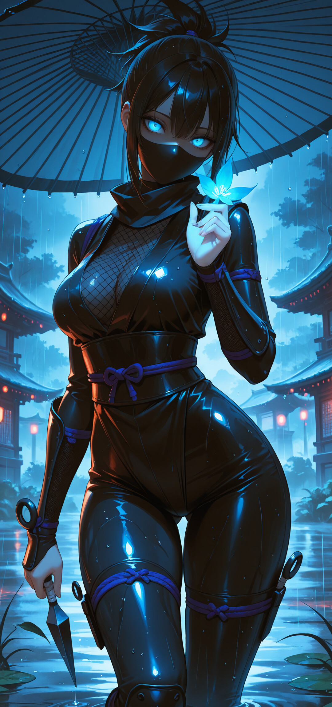 Kızıl parlayan gözleri ve siyah kapüşonlu kıyafeti olan kadın bir anime ninjası, gece yağmurun altında duruyor, bir elinde kırmızı bir şemsiye, diğer elinde ise bir kunai tutuyor ve arka planda fenerlerle aydınlatılmış Japon binaları görülüyor.