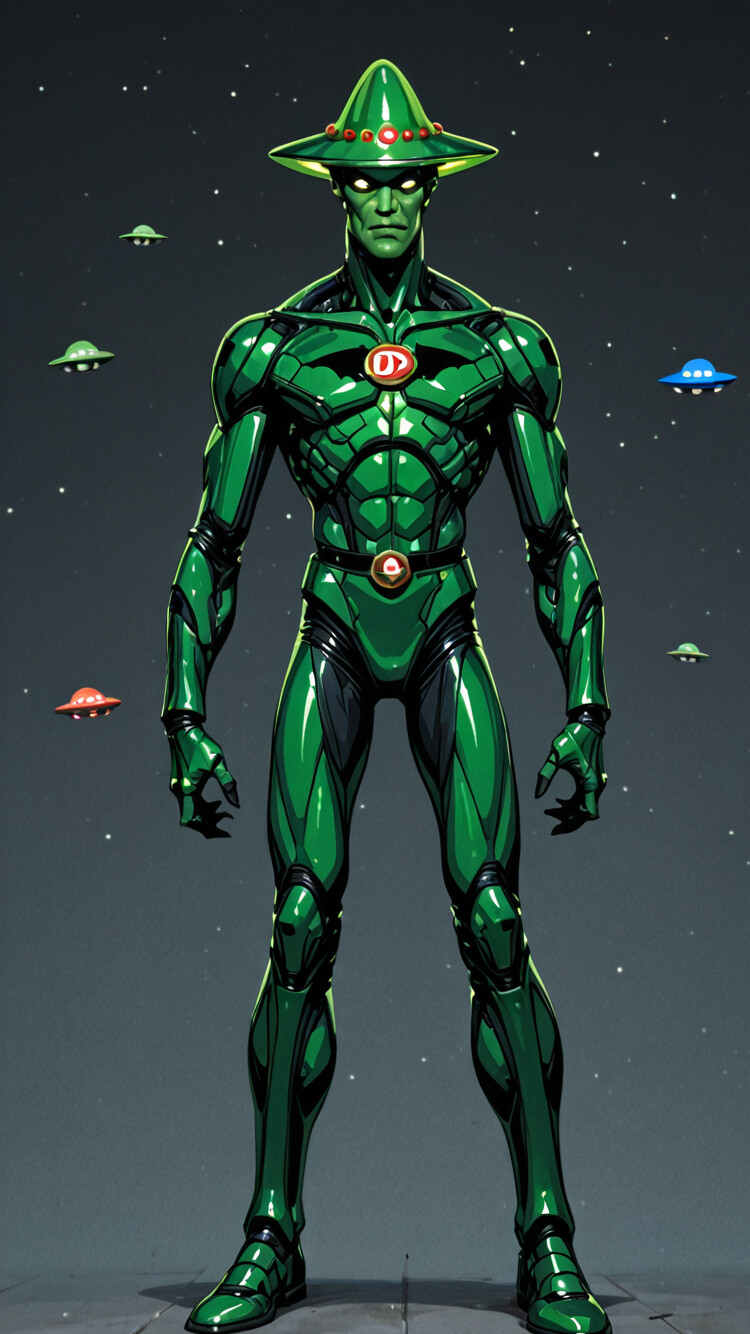 Parlak sarı ışıkları ve bir anteni olan, büyük, yeşil renkli, çizgi film tarzında bir uçan daire; arka planında beyaz yıldızlarla dolu koyu mavi bir gökyüzü.