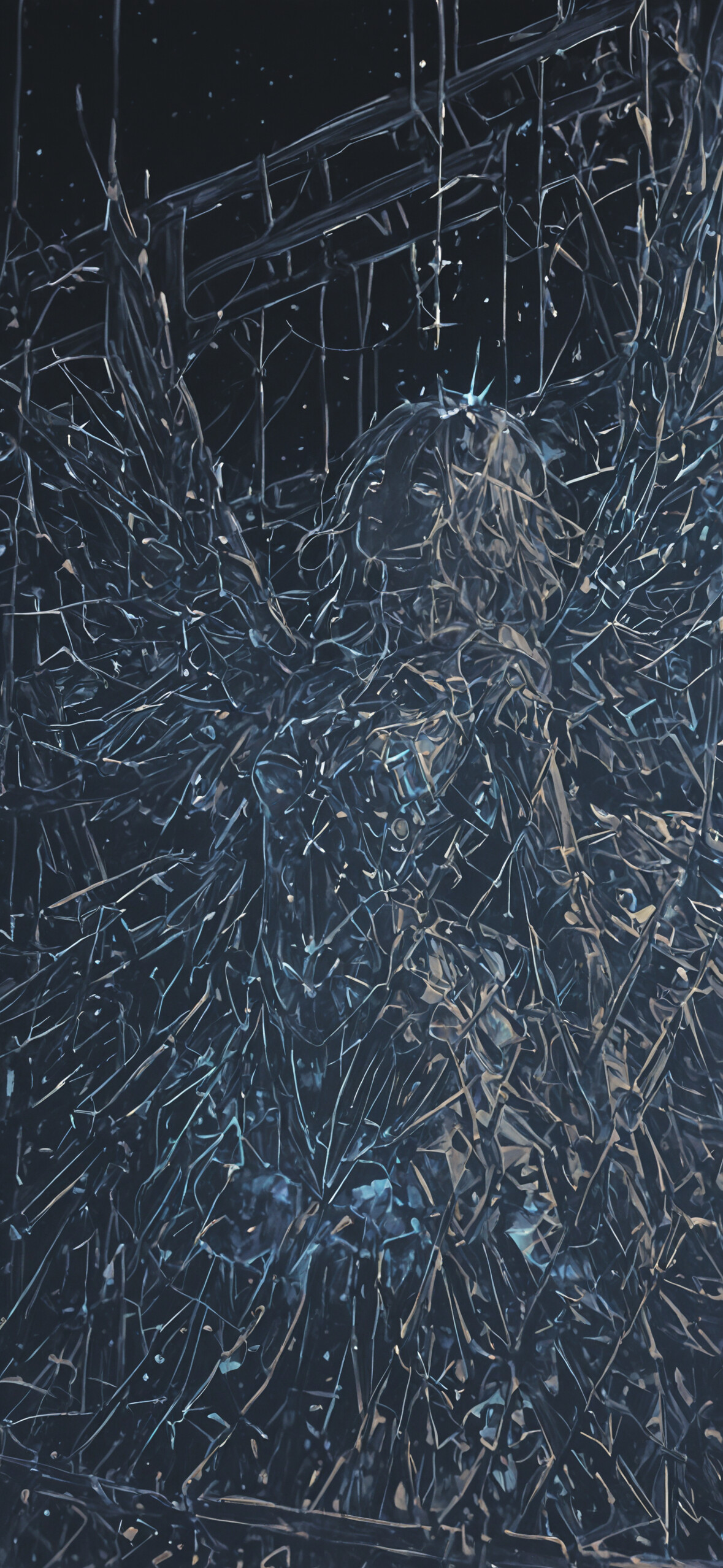 Geniş kanatlara sahip, göksel ve melekvari bir figür, karanlık ve yıldızlarla dolu bir arka planın önünde duruyor. Figür ve kanatları, sayısız parıldayan mavi ve altın parçalardan oluşuyor ve bu parçalar, parçalanmış yıldızlara veya kozmik cama benziyor.