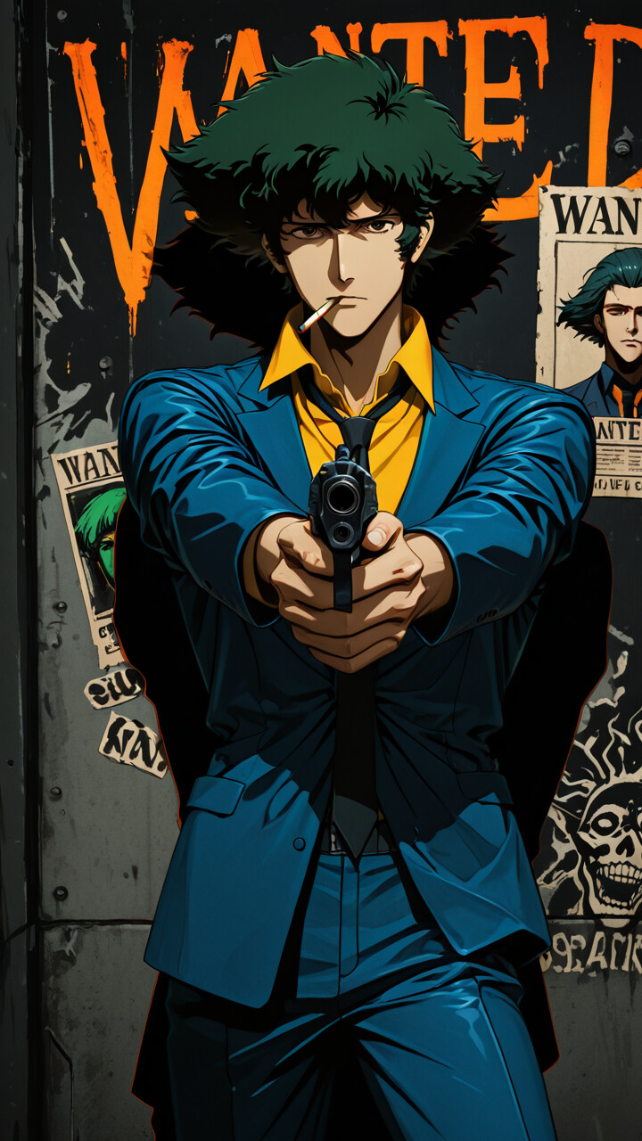 Cowboy Bebop'tan Spike Spiegel'in anime tarzında çizilmiş bir illüstrasyonu; elinde bir tabancayla kameraya doğru nişan alıyor. Saçları dağınık, koyu yeşil renkte, ağzında bir sigara var ve mavi bir takım elbise giymiş. Arkasında büyük, neon renkli bir "ARANIYOR" tabelası bulunan bir duvar var.