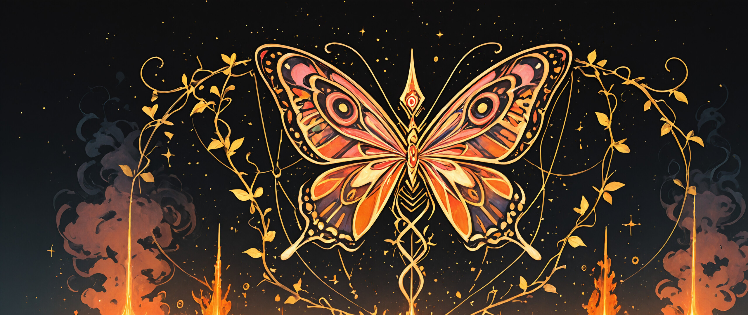 Karmaşık desenlere ve turkuaz taşlara sahip, altın renginde, süslü ve yuvarlak bir eser; koyu, yıldızlı bir zemin üzerine yerleştirilmiş. Ortasında, parlak turuncu ve beyaz ışıklarla parlayan, yıldız benzeri bir patlama var ve bu, yapay bir gün doğumuna benziyor.