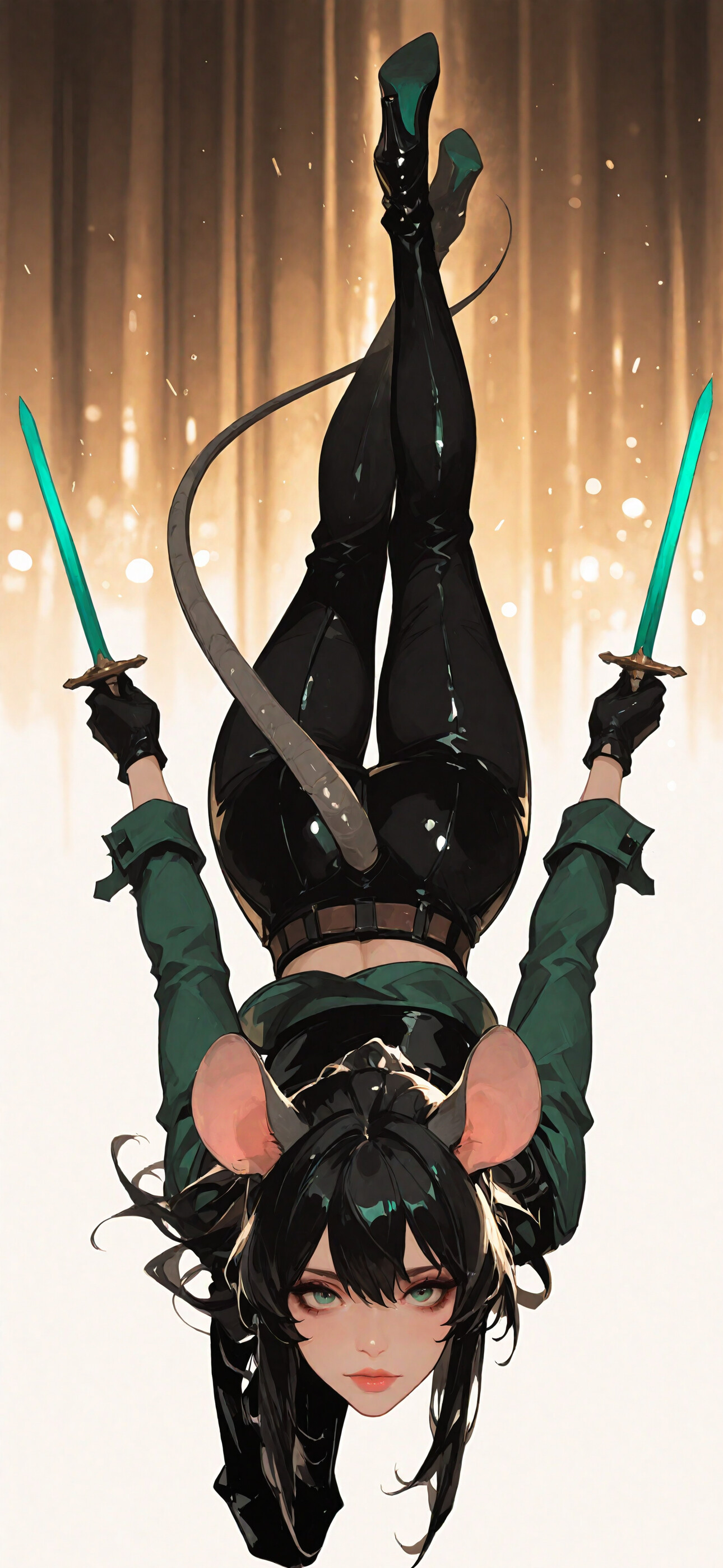 Siyah saçlı, yeşil gözlü, büyük fare kulaklarına ve uzun bir fare kuyruğuna sahip, yeşil bir gömlek ve siyah pantolon giymiş, haydut kılığındaki kadın bir anime karakteri, beyaz fayanslarla kaplı zeminde yatıyor ve doğrudan kameraya bakıyor.