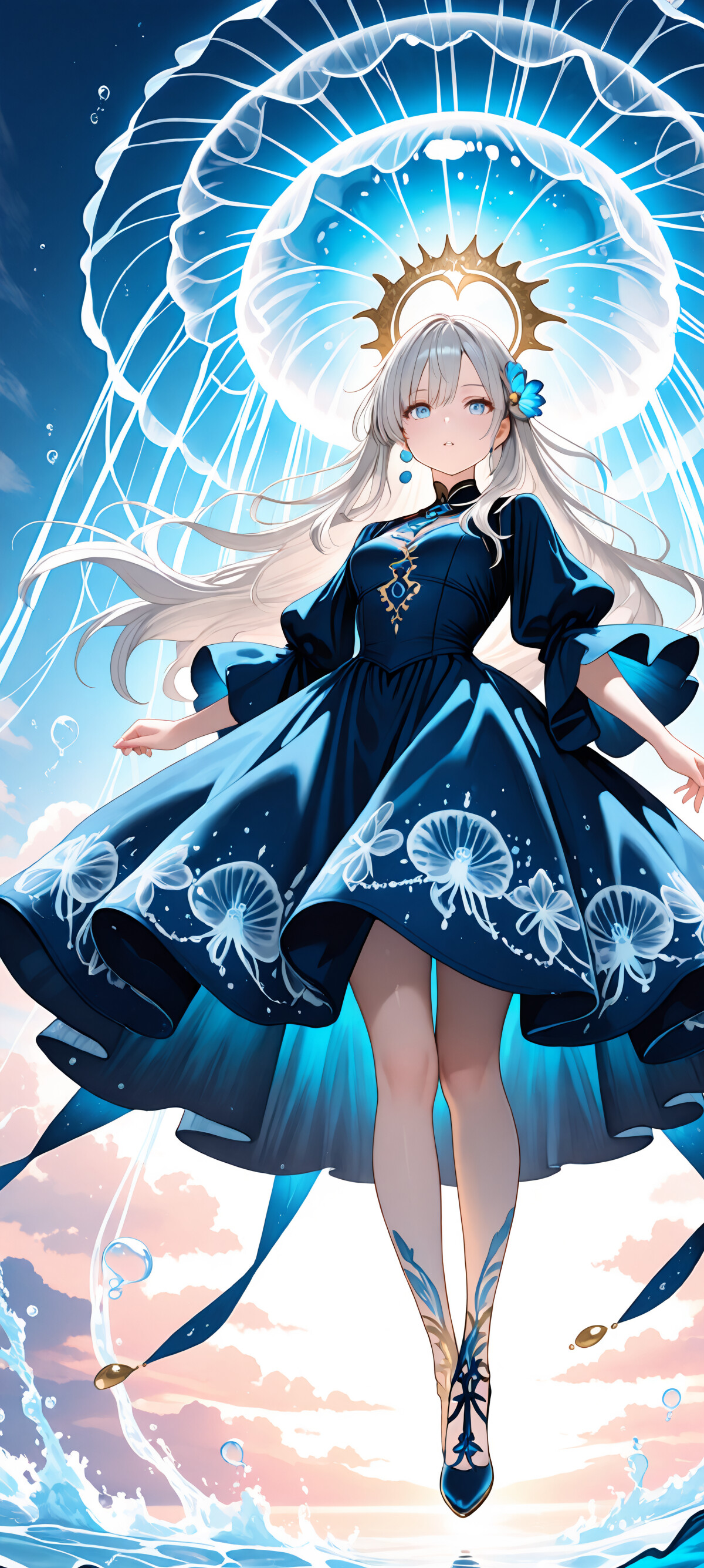 Uzun gümüş saçlı ve koyu mavi bir elbise giymiş anime tarzı bir kız, su yüzeyinde duruyor. Başına, gökyüzü mavisi bir arka plan üzerinde şapka gibi duran, büyük ve parlak mavi bir denizanası yerleştirilmiş.