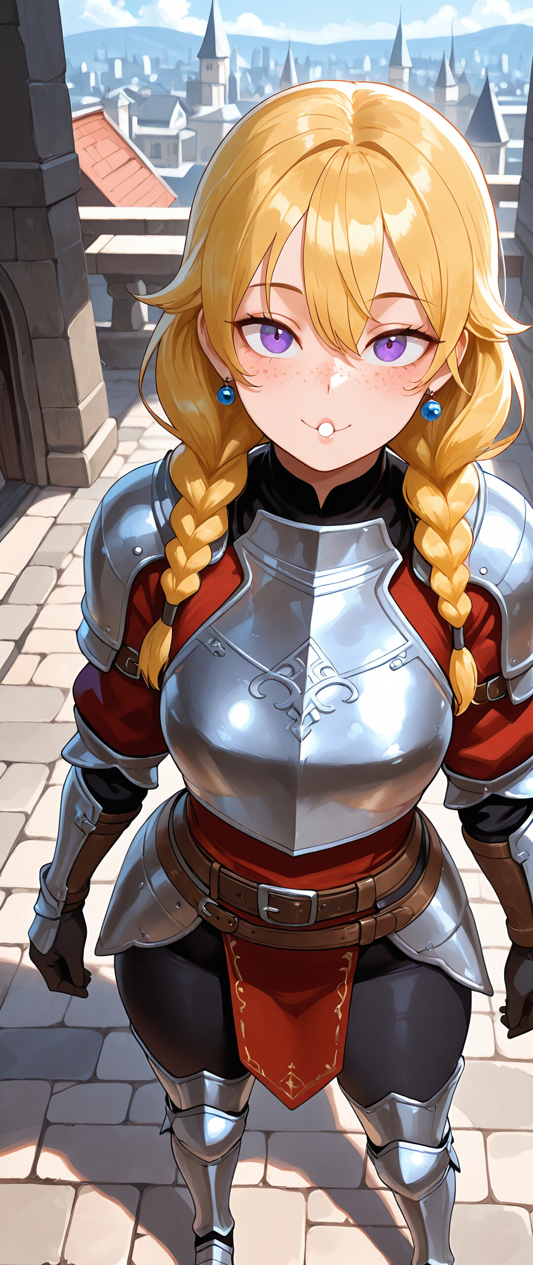 Orta çağ şehrindeki taş bir köprü üzerinde duran, sarı saçlarını örgü yapmış, mor gözlü, genç bir kadın şövalye; mor bir tuniğin üzerine giydiği gümüş zırhıyla izleyiciye doğru gülümseyerek bakıyor.