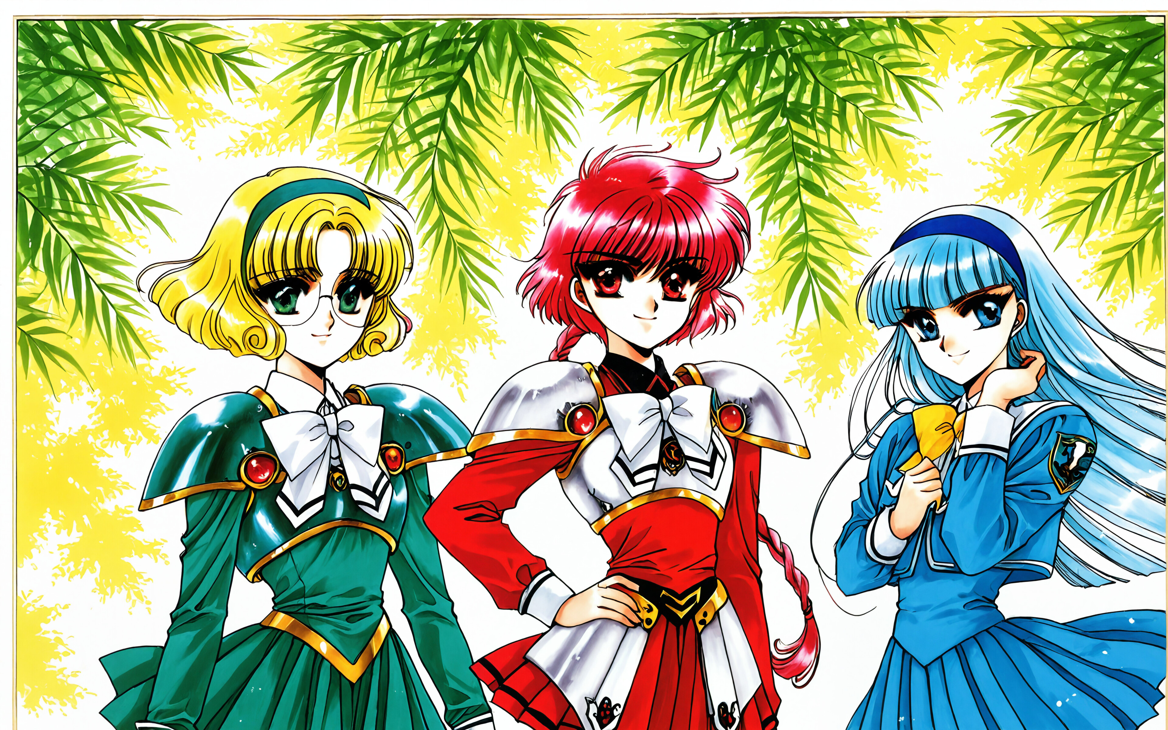 Magic Knight Rayearth'ten Hikaru Shidou, Umi Ryuuzaki ve Fuu Hououji'nin tüm vücutlarını gösteren bir çizim. Hikaru'nun saçları kırmızı, Umi'nin saçları mavi ve Fuu'nun saçları sarı ve gözlük takıyor. Zırhlı okul üniformaları giymişler ve büyük, altın rengi, süslü dairesel bir çerçeve önünde duruyorlar.
