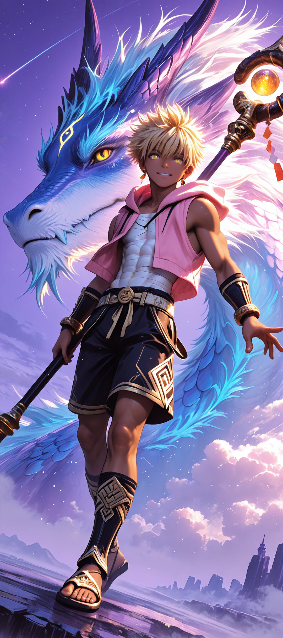 Sarışın saçlı ve pembe bir kapüşonlu giysi giymiş genç bir adam, yıldızlarla dolu mor bir gökyüzünün altında, büyük, mavi ve mor bir ejderhanın önünde durarak büyülü bir asa tutuyor.