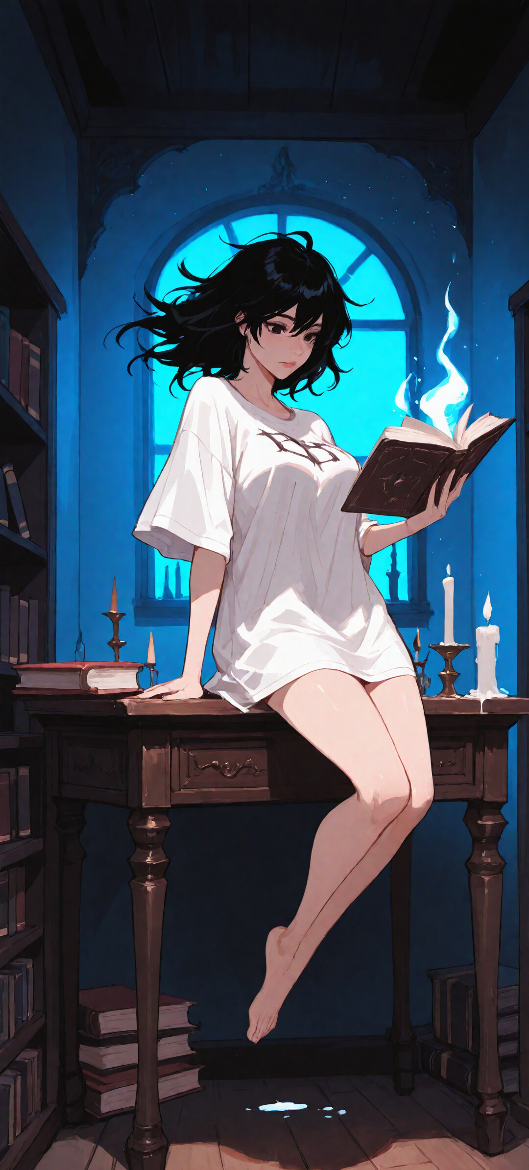 Karanlık, mum ışıklı bir çalışma odasında, kısa siyah saçlı genç bir kadın havada asılı duruyor. Üzerinde beyaz bir gömlek var ve büyük bir pencereden yıldızlarla dolu gece gökyüzüne bakıyor; küçük, mavi bir ışık huzmesi başının üzerinde yüzerken.