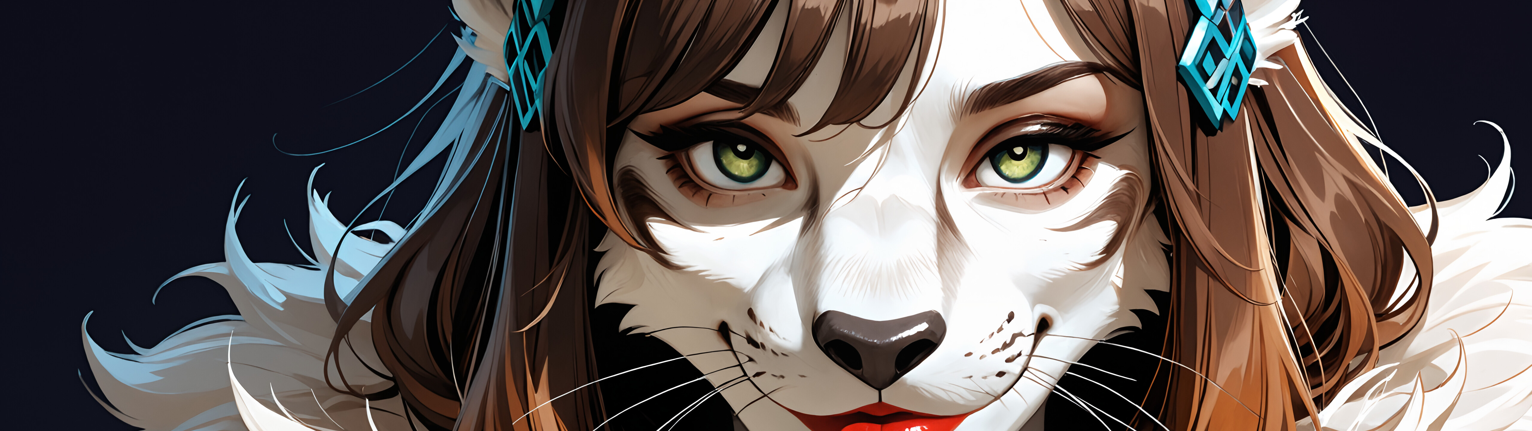 Uzun kahverengi saçları, parlak yeşil gözleri, kırmızı dudakları ve siyah bir eldiveni olan, insana benzeyen dişi bir leopar olan Zinx'in detaylı bir portresi; izleyiciye nazikçe gülümseyerek bakıyor.