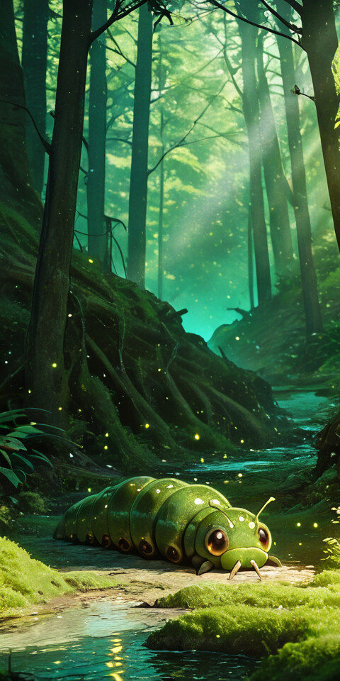 Kahverengi saçlı, anime tarzında bir kız çocuğu, büyük, yeşil bir tırtıl kostümü içinde, büyülü bir ormanın yosunlu zemininde uzanmış, yaratığın sırtının altında korunarak, mutlu bir şekilde bir yaprak yiyor.