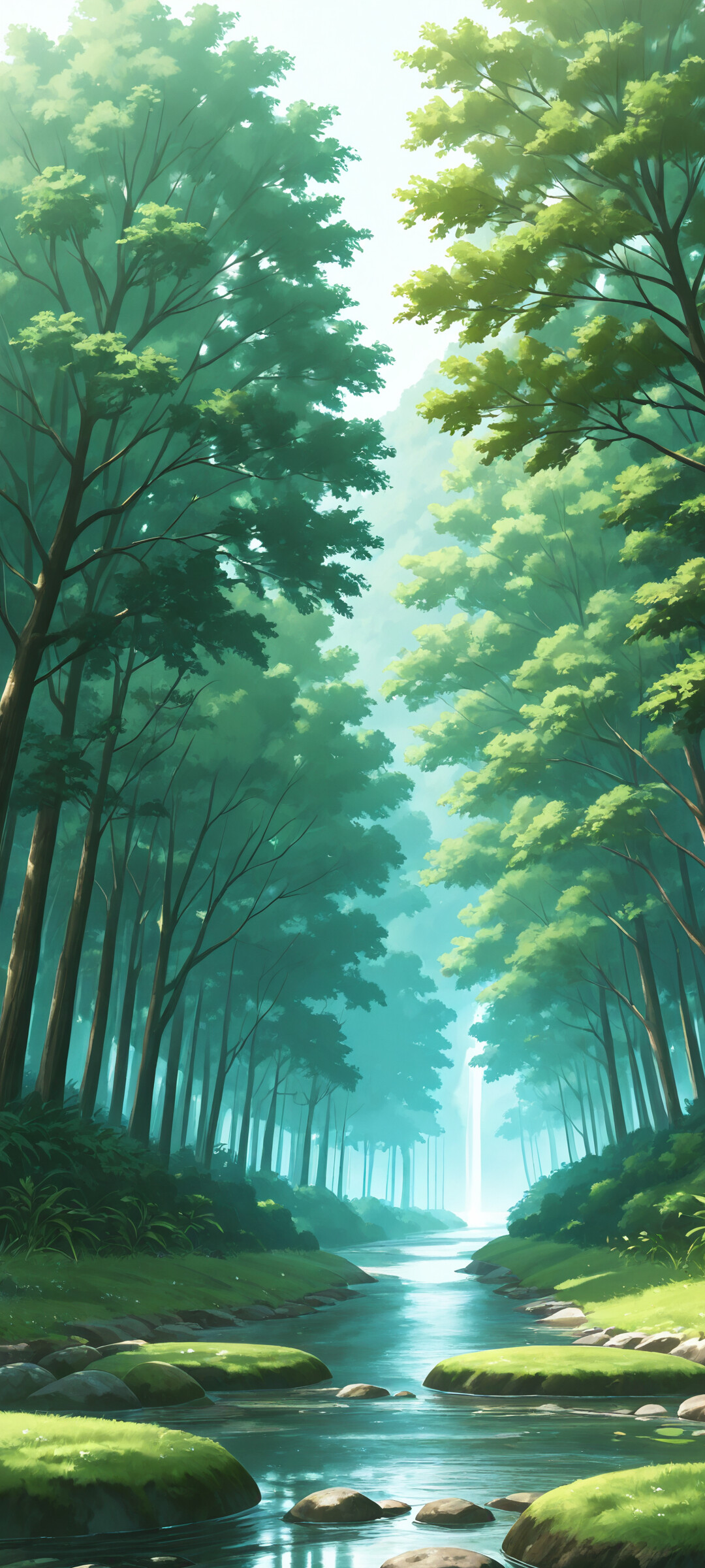 Mavi gökyüzü altında, yemyeşil çimenler, çam ağaçları ve uzanan dağlarla çevrili, sakin ve berrak bir nehrin yeşil bir vadiden geçtiği, anime tarzında bir manzara.