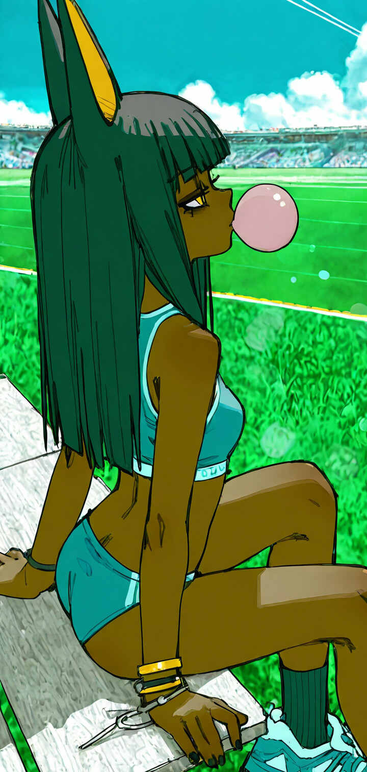 Animal Crossing oyunundaki Ankha karakterinin, koyu tenli, siyah saçlı ve büyük çakal kulaklarına sahip, mavi renkli bir spor kıyafeti giymiş, güneşli bir stadyumda sakız çiğneyen bir insan kız olarak çizimi.