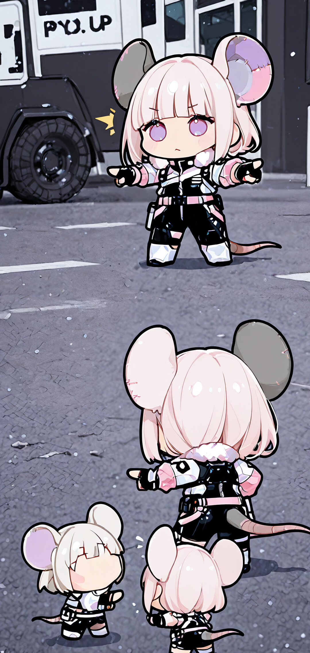 Beyaz saçlı ve büyük fare kulaklı, siyah ve pembe renklerde fütüristik kıyafetler giymiş, birbirine benzeyen üç küçük anime karakteri, karla kaplı bir sokakta daire şeklinde dizilmiş ve şaşkınlıkla birbirlerini işaret ederek, Spider-Man memine gönderme yapıyor.