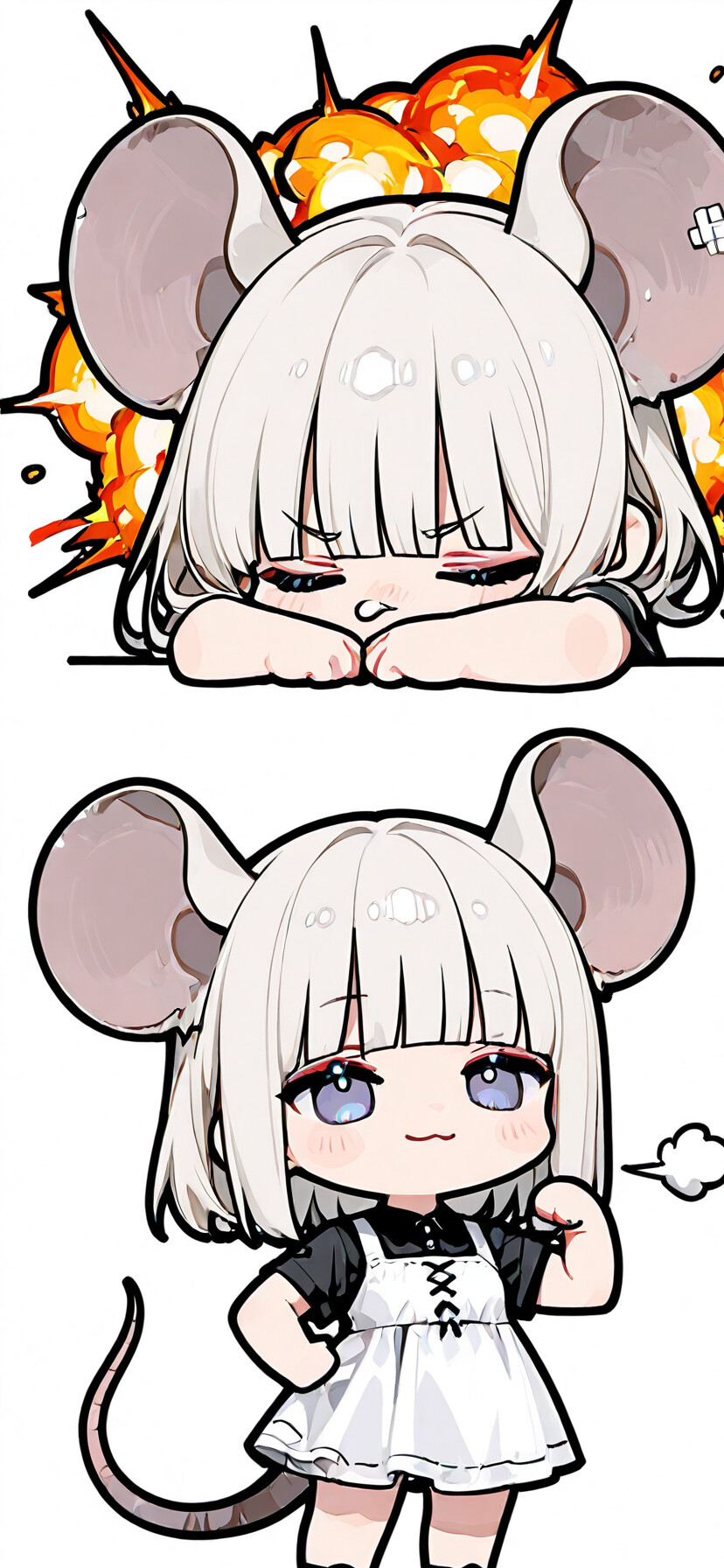 Touhou Project'ten Nazrin olarak tanımlanan, büyük fare kulakları ve gümüş saçları olan, siyah bir elbise giymiş ve alevli bir patlamanın önünde kendinden emin bir şekilde poz veren chibi tarzı bir anime kız.