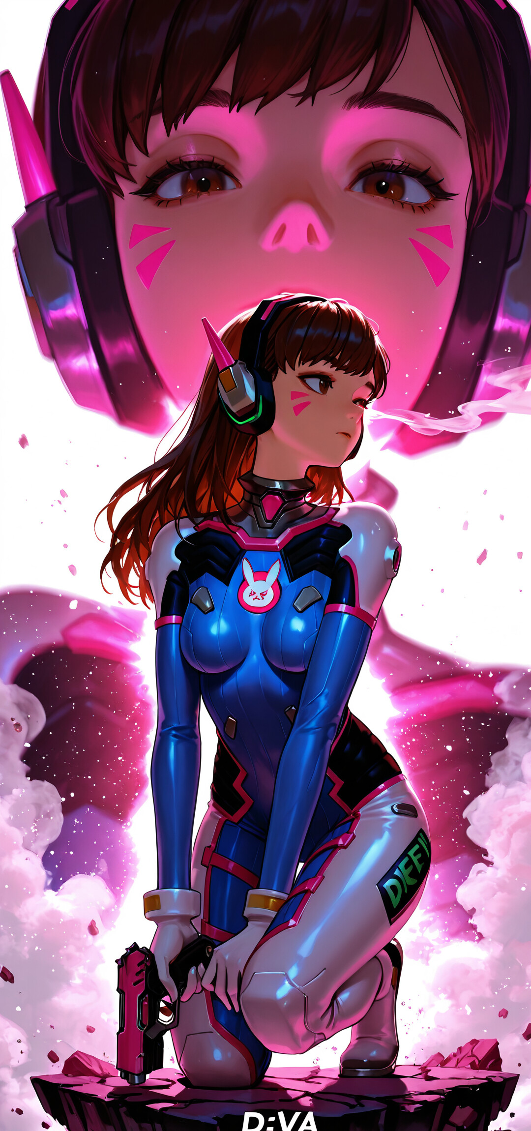 Overwatch oyunundan D.Va'nın, pembe ve siyah kareli bir zeminde çömelmiş halde olduğu, tüm vücudunu gösteren bir çizim. Üzerinde pilot kıyafeti, elinde pembe bir tabanca var ve omuzunun üzerinden bakıyor. Arka planda, yüzünün büyük ve pembe tonlu bir yakın çekimi bulunuyor.