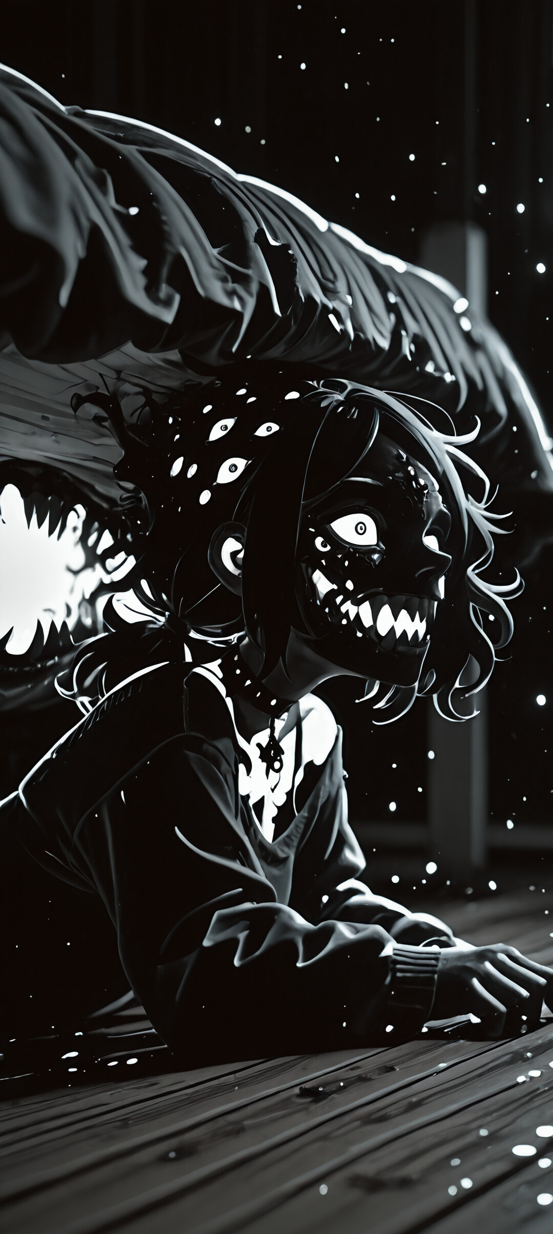 Andy ve Leyley'in Tabutu' adlı eserden, Ashley Graves'in bir canavar olarak tasvir edildiği karanlık ve ürkütücü bir çizim. Yatağın altında, ahşap bir zeminde uzanıyor, etrafında parıldayan birçok kırmızı göz ve keskin dişleriyle tehditkâr bir gülümseme var.