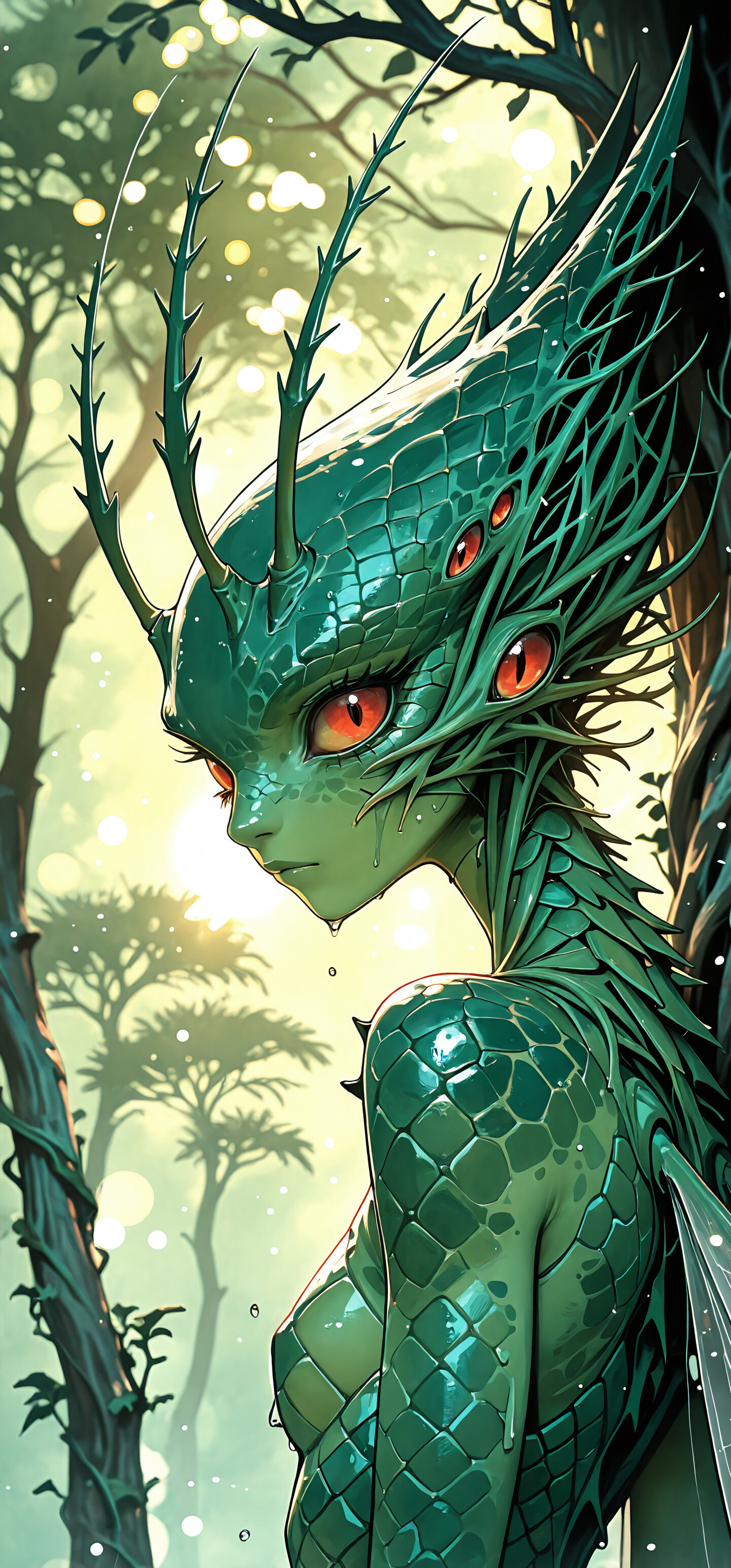 Sisli bir ormanda bulunan, fantastik bir kadın yaratığın anime tarzında çizilmiş bir illüstrasyonu. Açık yeşil teni, büyük kırmızı gözleri ve koyu yeşil pullardan oluşan bir taç gibi baş süsü var. Alnından sivri antenler çıkıyor ve yüzünde düşünceli bir ifade beliriyor.