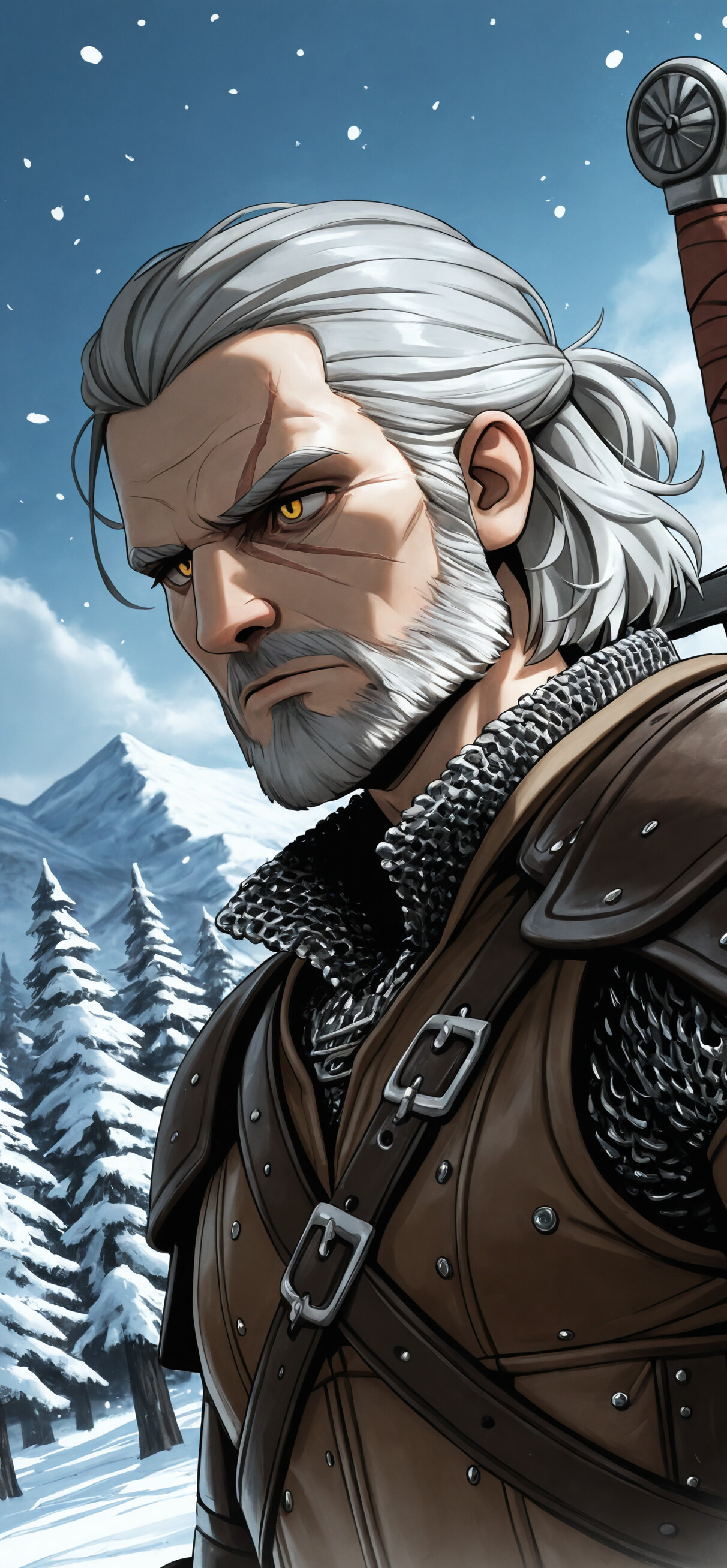 The Witcher serisinden, beyaz saçlı, sakallı ve sarı gözlü Geralt of Rivia'nın bir illüstrasyonu. Gözleri bir yana bakıyor. Karla kaplı, dağlık bir ortamda, üzerinde deri ve zincir zırhı ile sırtında bir kılıçla duruyor.