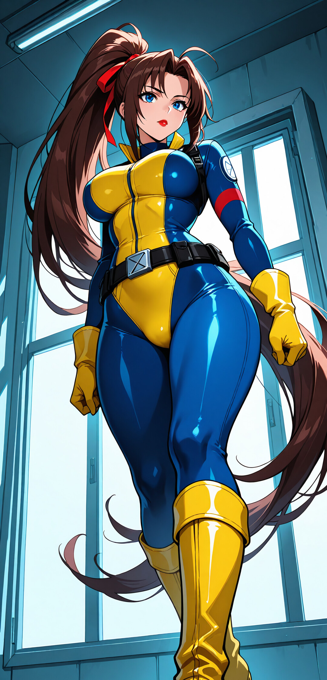 X-Men ekibinden Jean Grey'in, klasik mavi ve sarı renkli antrenman kıyafetini giymiş, uzun kahverengi saçlarını at kuyruğu şeklinde toplamış ve kendinden emin bir şekilde poz verdiği, alçak açılı bir fotoğraf.