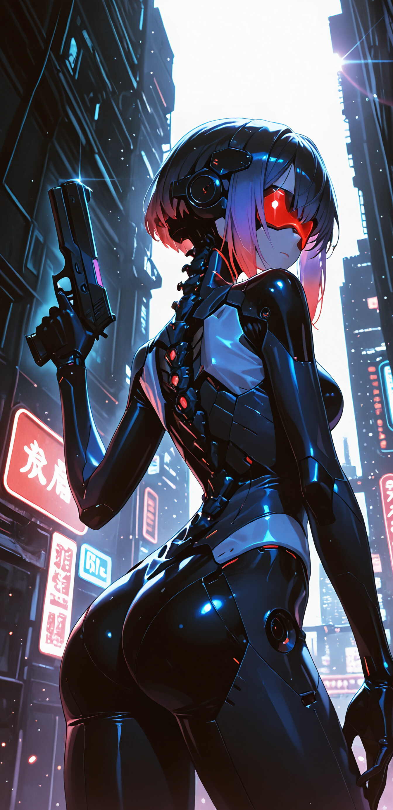 Ghost in the Shell'den cyborg Motoko Kusanagi'nin anime tarzında çizilmiş bir illüstrasyonu. Kısa mor saçları, kırmızı bir vizörü var ve üzerinde mekanik omurgası görünen siyah bir sibernetik kıyafet giymiş. Elinde bir tabanca tutuyor, neon ışıklarla dolu fütüristik bir şehirde gece vakti omuzunun üzerinden bakıyor.