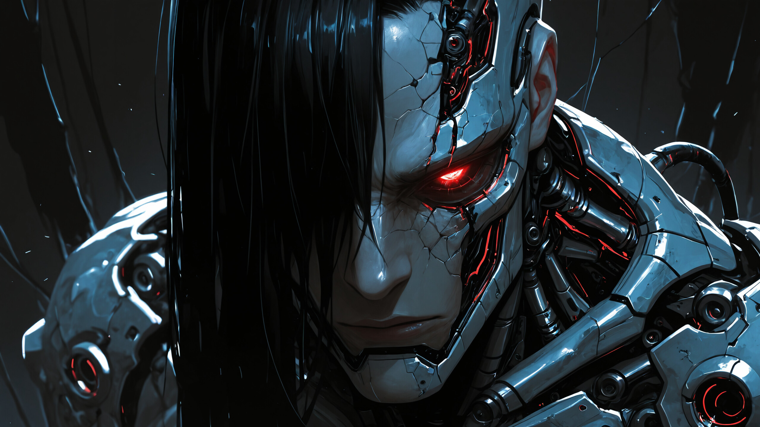 Karanlık bir arka plan üzerinde, parlayan kırmızı gözleri ve hasar görmüş, iç mekanizmalarını ortaya çıkaran kafatası olan, önden çekilmiş beyaz renkli robot iskeletin portresi.