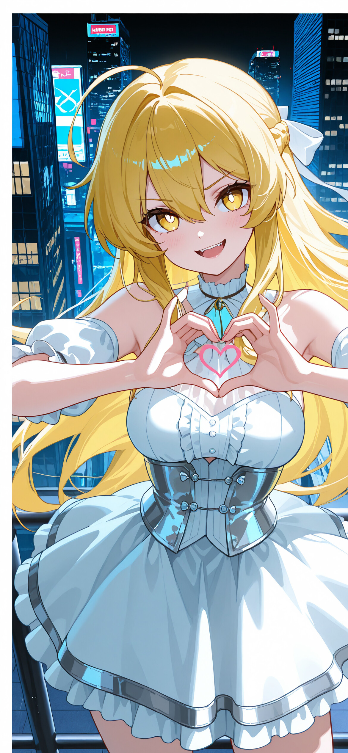 Uzun sarı saçları ve beyaz elbisesi olan anime karakteri Shokuhou Misaki, bir şehir silüetinin önünde gülümsüyor ve elleriyle kalp işareti yapıyor.